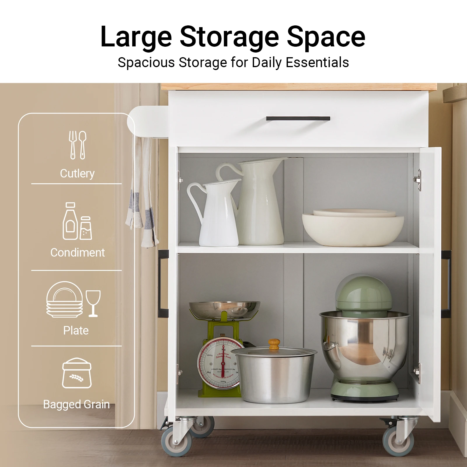 SoBuy FKW119-WN Kitchen Carts with Work plate serving trolley with Roller Trolley kitchen Kitchen Island Kitchens wardrobe White-Nature
