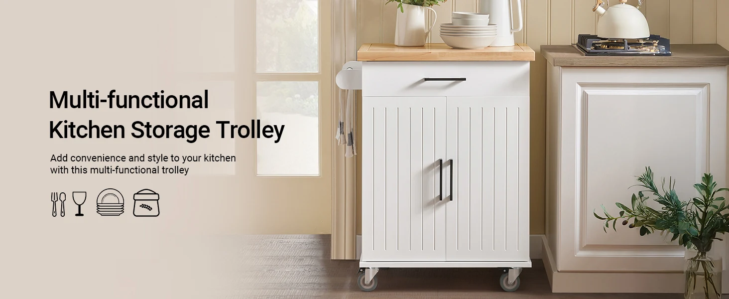 SoBuy FKW119-WN Kitchen Carts with Work plate serving trolley with Roller Trolley kitchen Kitchen Island Kitchens wardrobe White-Nature