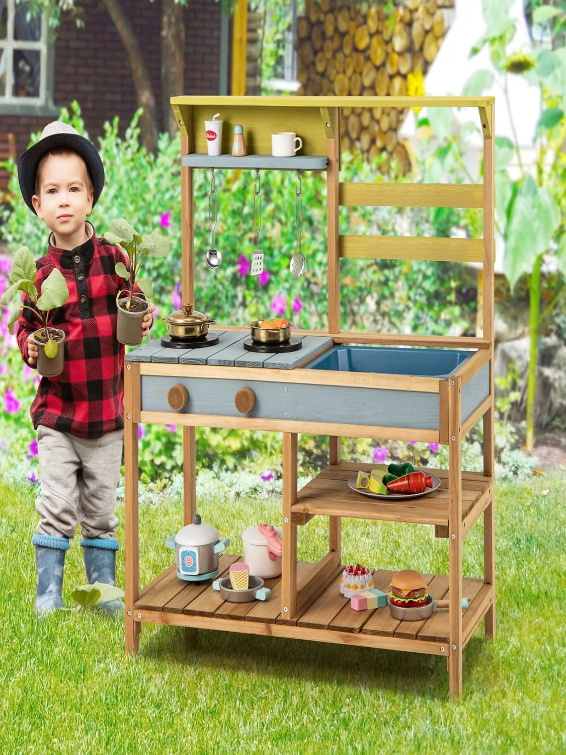 Children's Outdoor Mud Kitchen,Wooden with Sink,Play Kitchen with Hooks and Removable Shelf,for Children from 3 Years