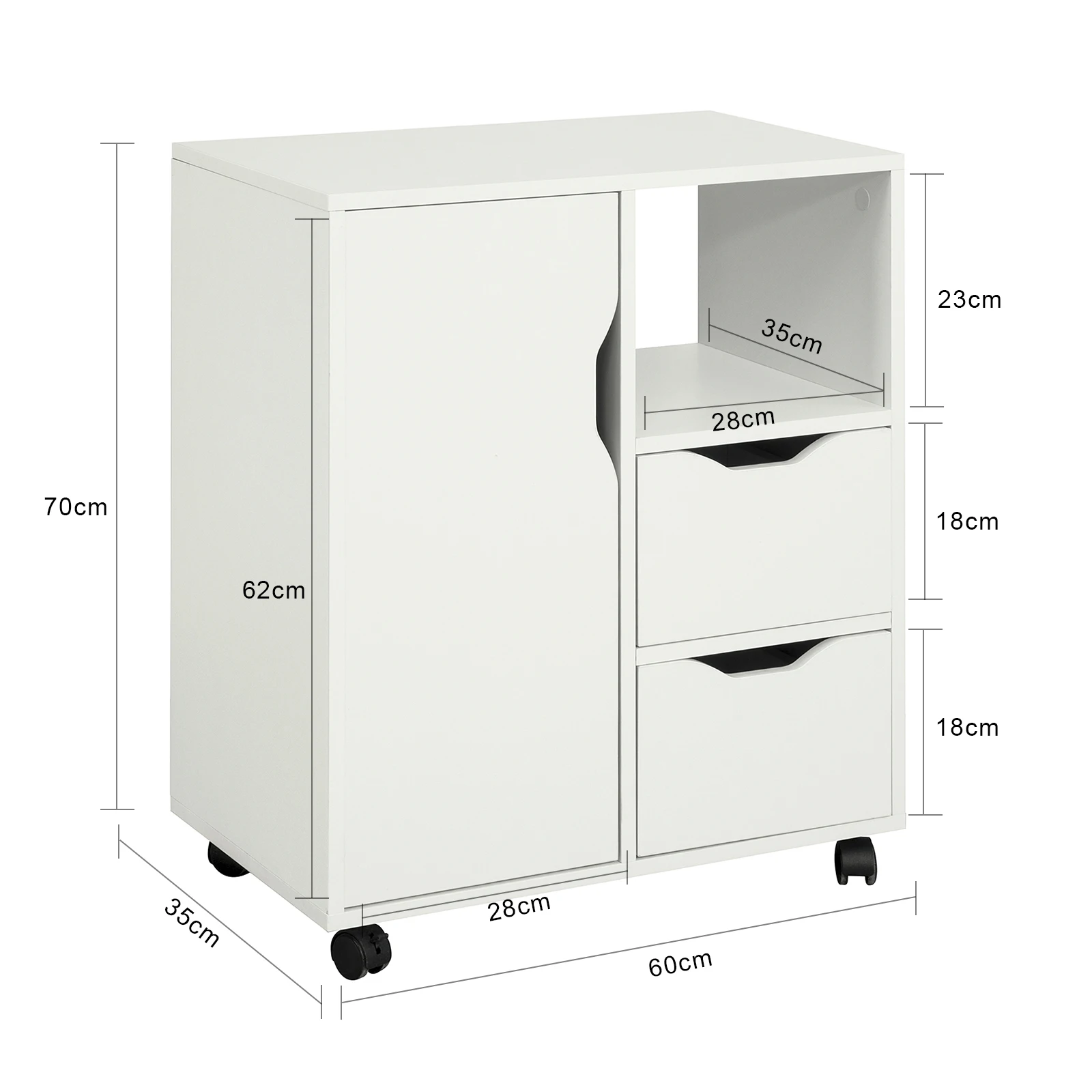 Sobuy Fbt105-W Printer Cart with 2 Drawers & 1 Door File Cabinet Rolling Container Office Cart Side Cart Office Container White