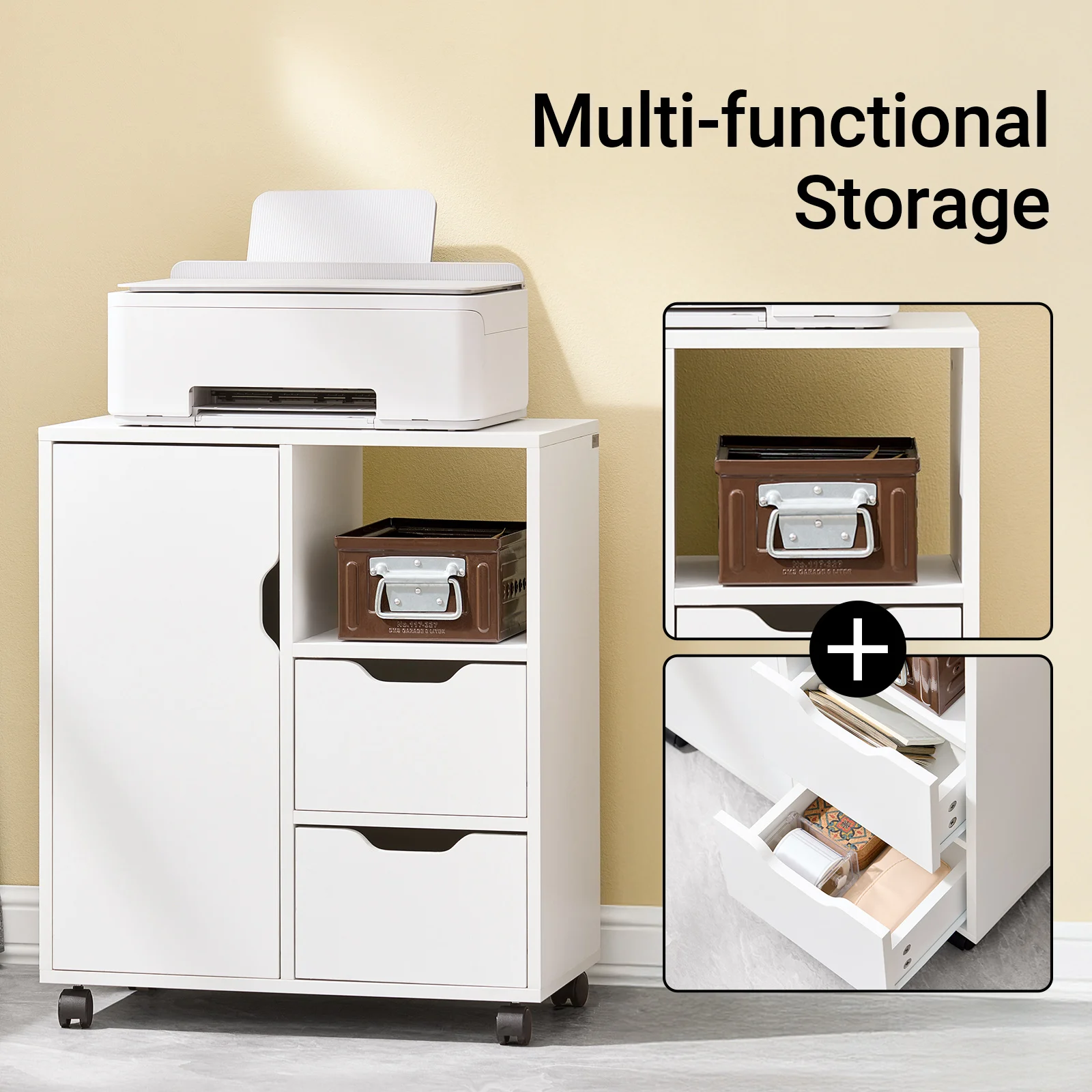 Sobuy Fbt105-W Printer Cart with 2 Drawers & 1 Door File Cabinet Rolling Container Office Cart Side Cart Office Container White