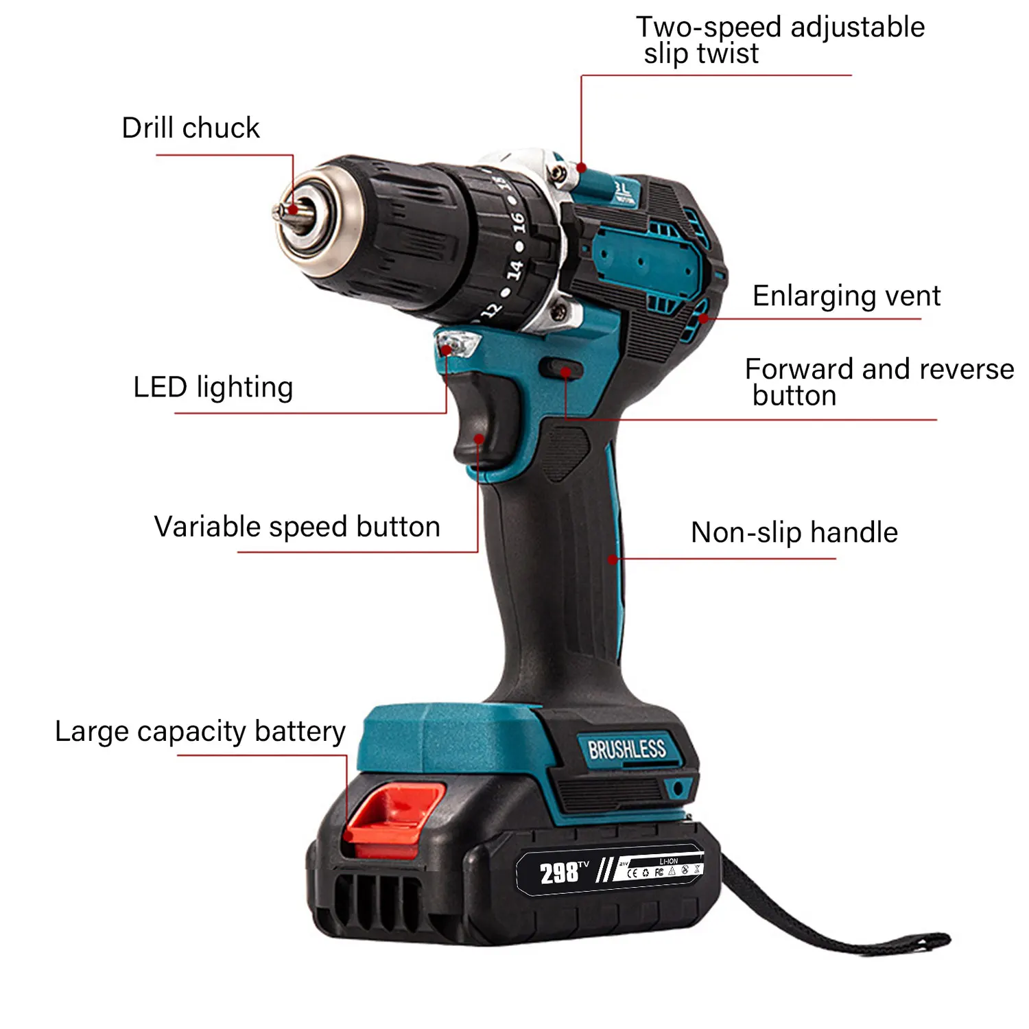 Brushless Electric Impact Drill 40Nm 2200RPM Cordless Screwdriver Power Tool Compatible with Makita 18V Battery With Impact Mode