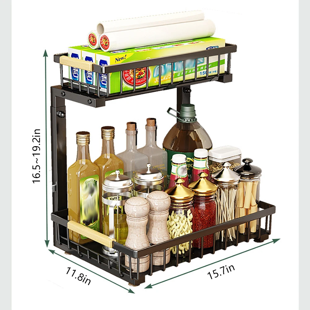 2 Tier Under Sink Organizer Sliding Cabinet Basket Storage Rack Pull-out Finishing Seasoning Bathroom Kitchen Organizer