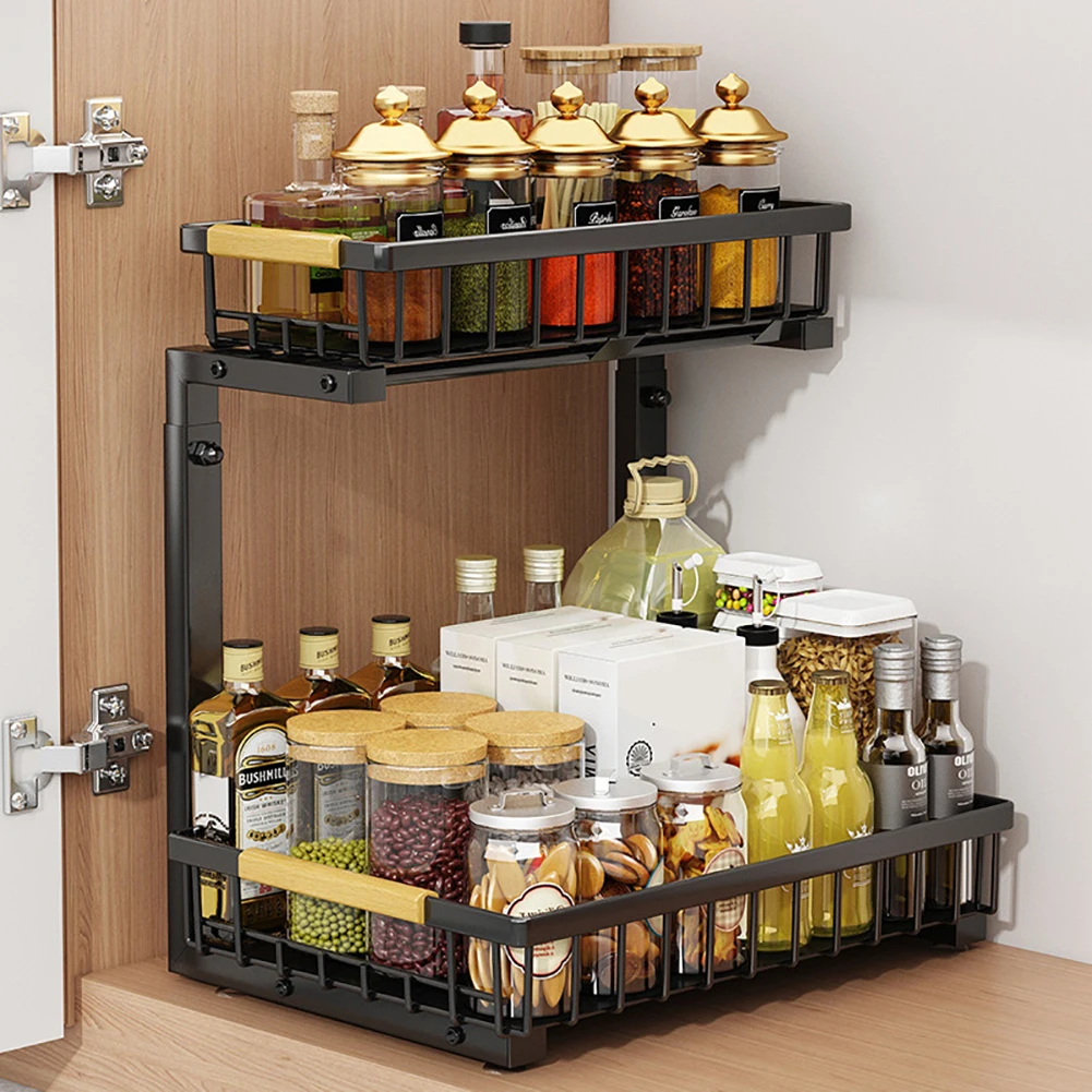 2 Tier Under Sink Organizer Sliding Cabinet Basket Storage Rack Pull-out Finishing Seasoning Bathroom Kitchen Organizer