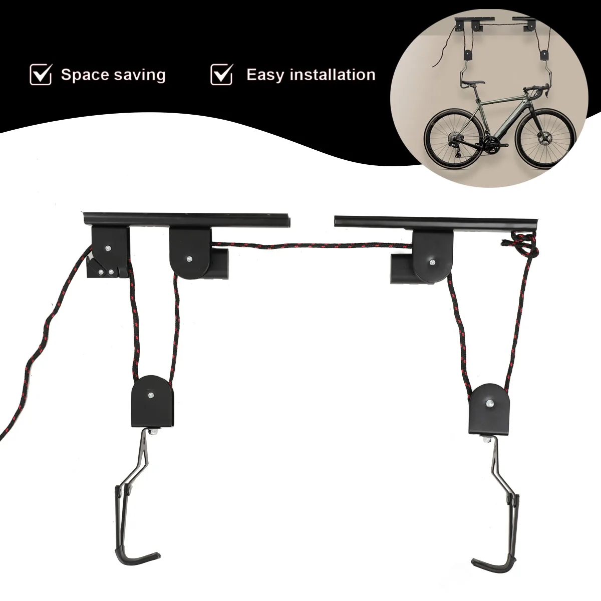 60KG Ceiling Mounted Cycle Bicycle Lift Holder Bike Lift Ceiling Hoist Wall Mount Rack Bike Hooks Hanging Pulley System
