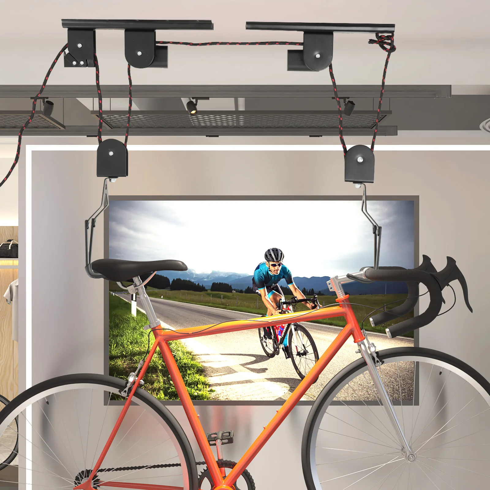 60KG Ceiling Mounted Cycle Bicycle Lift Holder Bike Lift Ceiling Hoist Wall Mount Rack Bike Hooks Hanging Pulley System