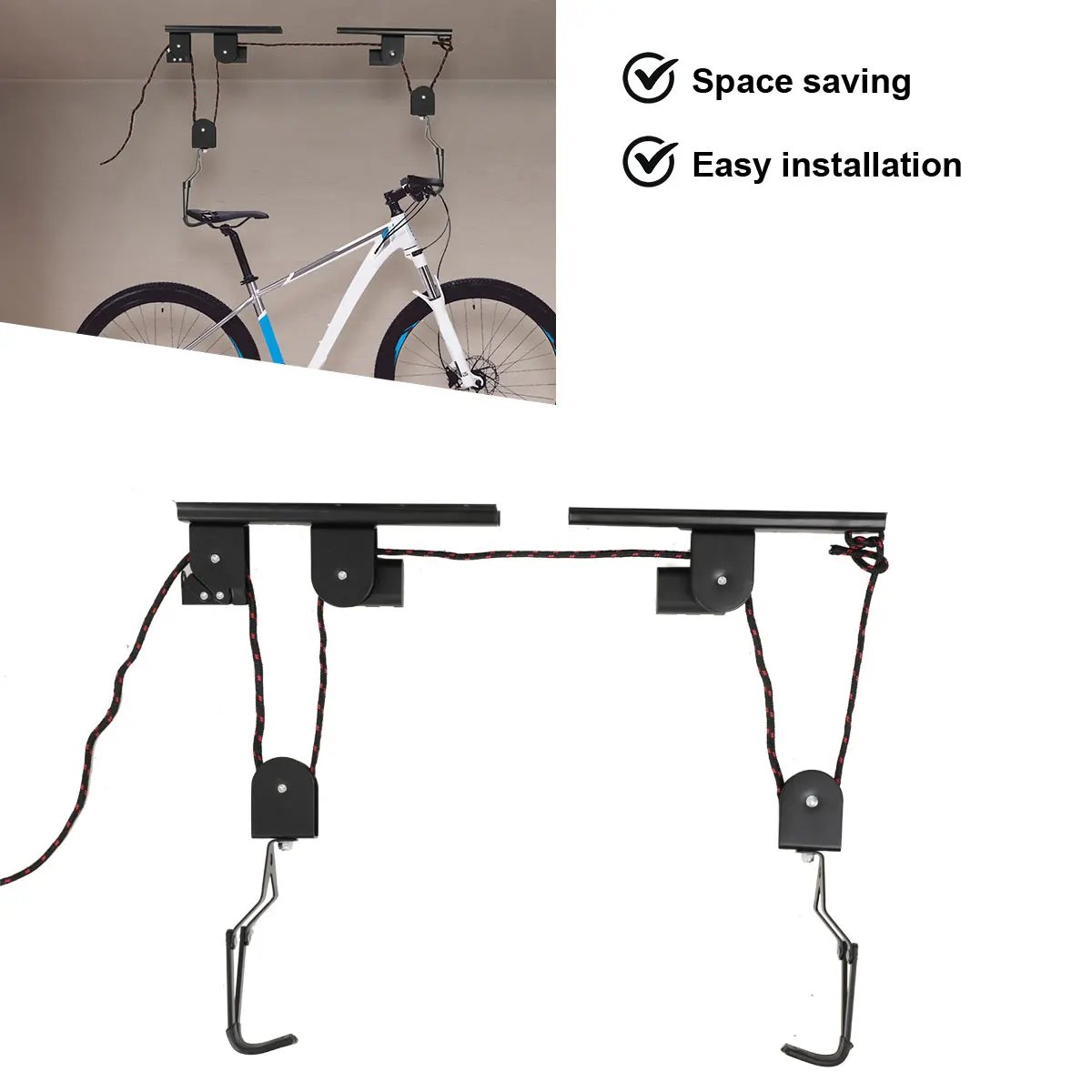 60KG Ceiling Mounted Cycle Bicycle Lift Holder Bike Lift Ceiling Hoist Wall Mount Rack Bike Hooks Hanging Pulley System
