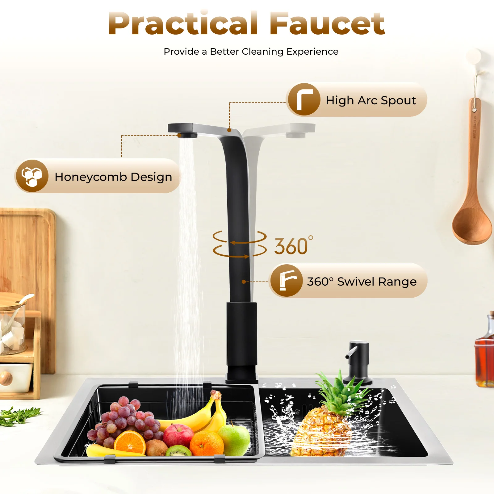45x40cm 201 Stainless Steel Large Capacity Kitchen Sink Stainless Steel rustproof Sink Faucet with Drains Black