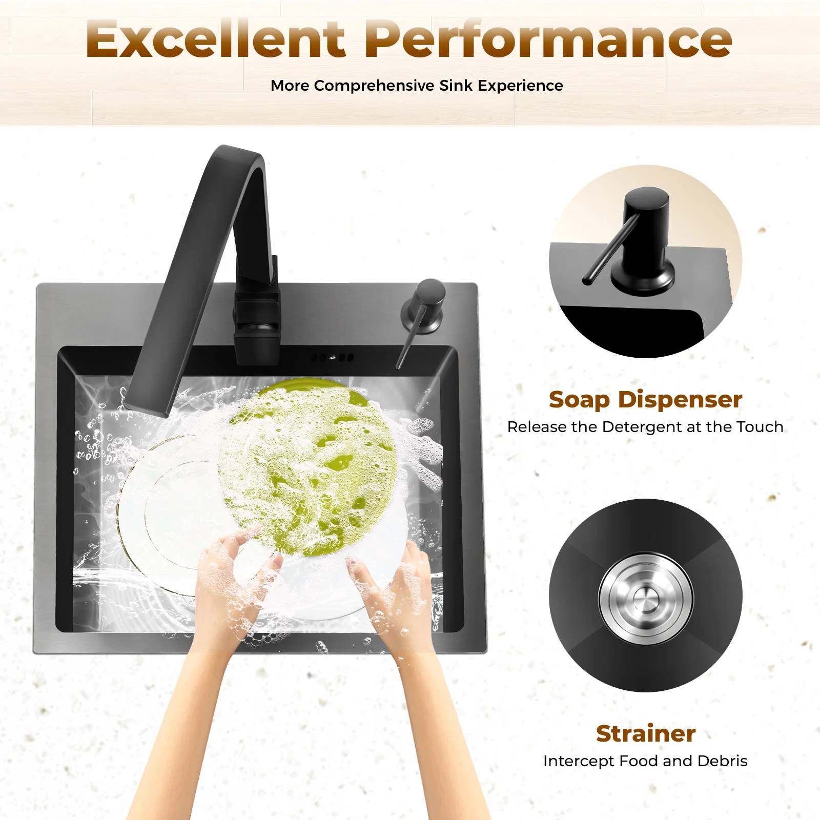 45x40cm 201 Stainless Steel Large Capacity Kitchen Sink Stainless Steel rustproof Sink Faucet with Drains Black