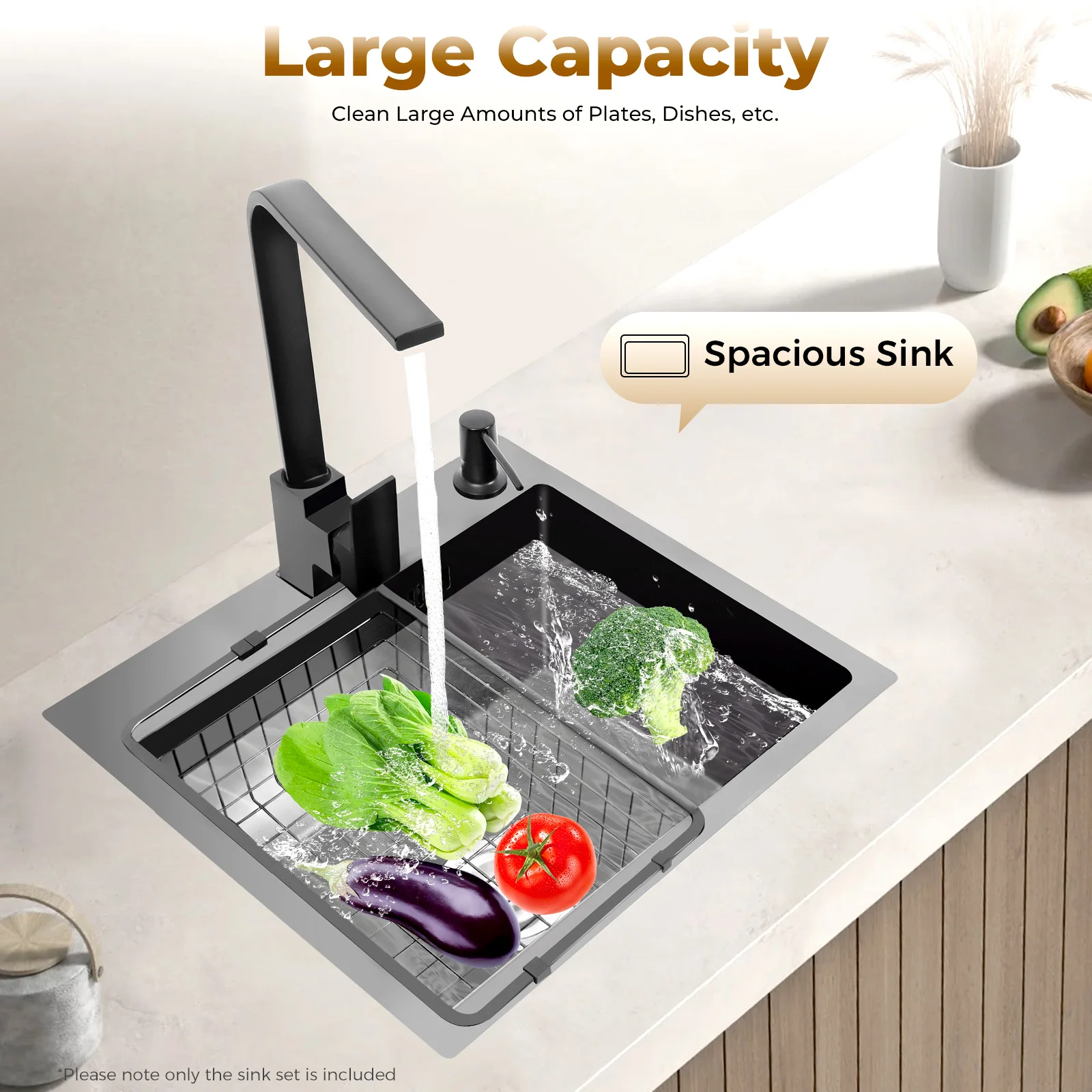 45x40cm 201 Stainless Steel Large Capacity Kitchen Sink Stainless Steel rustproof Sink Faucet with Drains Black