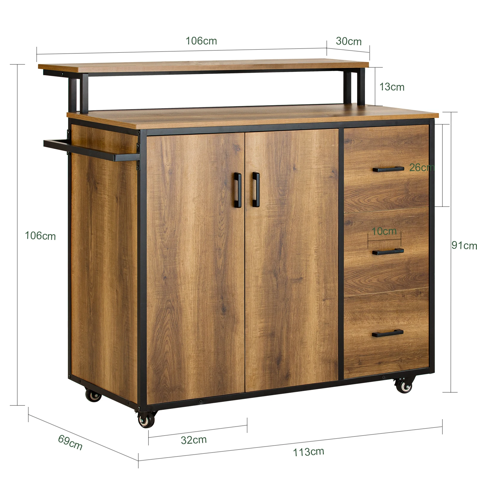 Sobuy Knl02-Pf Design Kitchen Cart with Countertop Kitchen Island with Doors and Drawers Sideboard on Wheels Kitchen Trolley