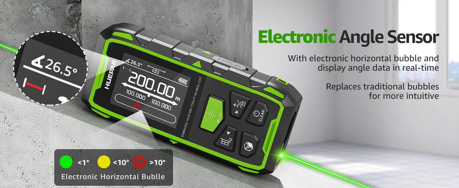 Huepar BLM-100G Dual Laser Rangefinder 200M Green Beam Laser Measure Meter Unit High Accuracy Measurement Tool & LCD Backlit