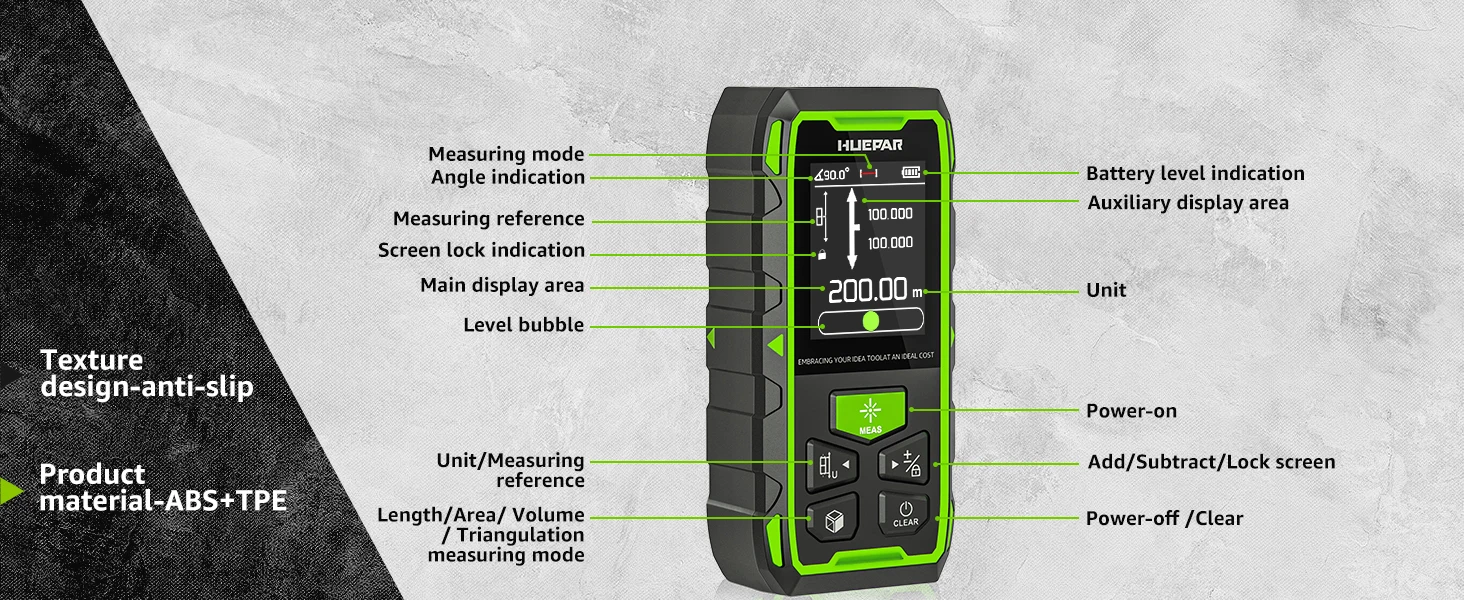 Huepar BLM-100G Dual Laser Rangefinder 200M Green Beam Laser Measure Meter Unit High Accuracy Measurement Tool & LCD Backlit