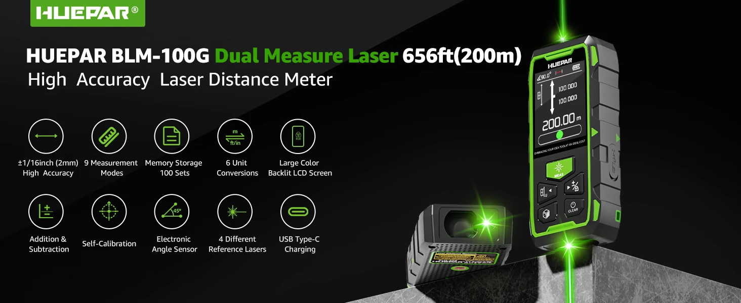 Huepar BLM-100G Dual Laser Rangefinder 200M Green Beam Laser Measure Meter Unit High Accuracy Measurement Tool & LCD Backlit