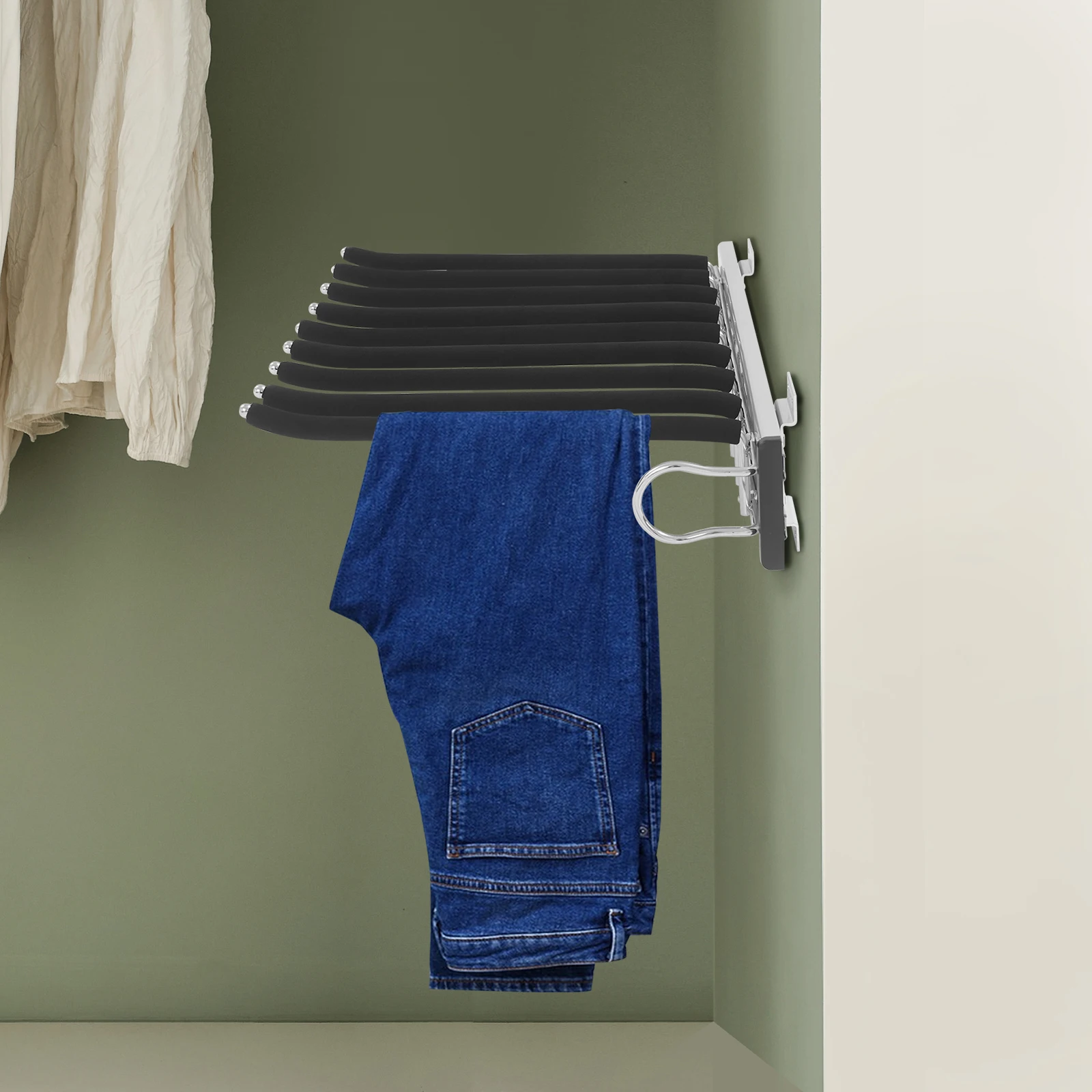 9 Arms Pull Out Trousers Rack Retractable Right Installation Closet Pants Scarves Telescopic Slide Rail Hanger