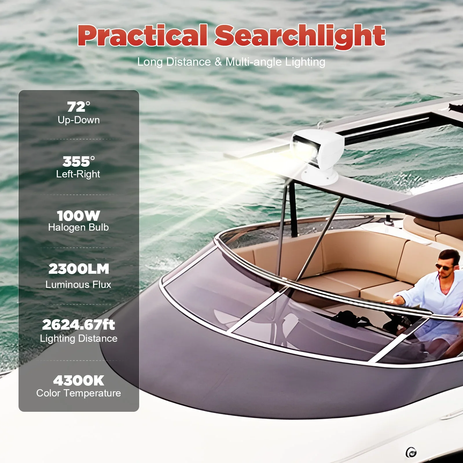 100W 12V Boat Spotlight Marine Halogen Search Spot Lights for Boats,Remote Control Bulb Multi-angled And Long-range Lighting