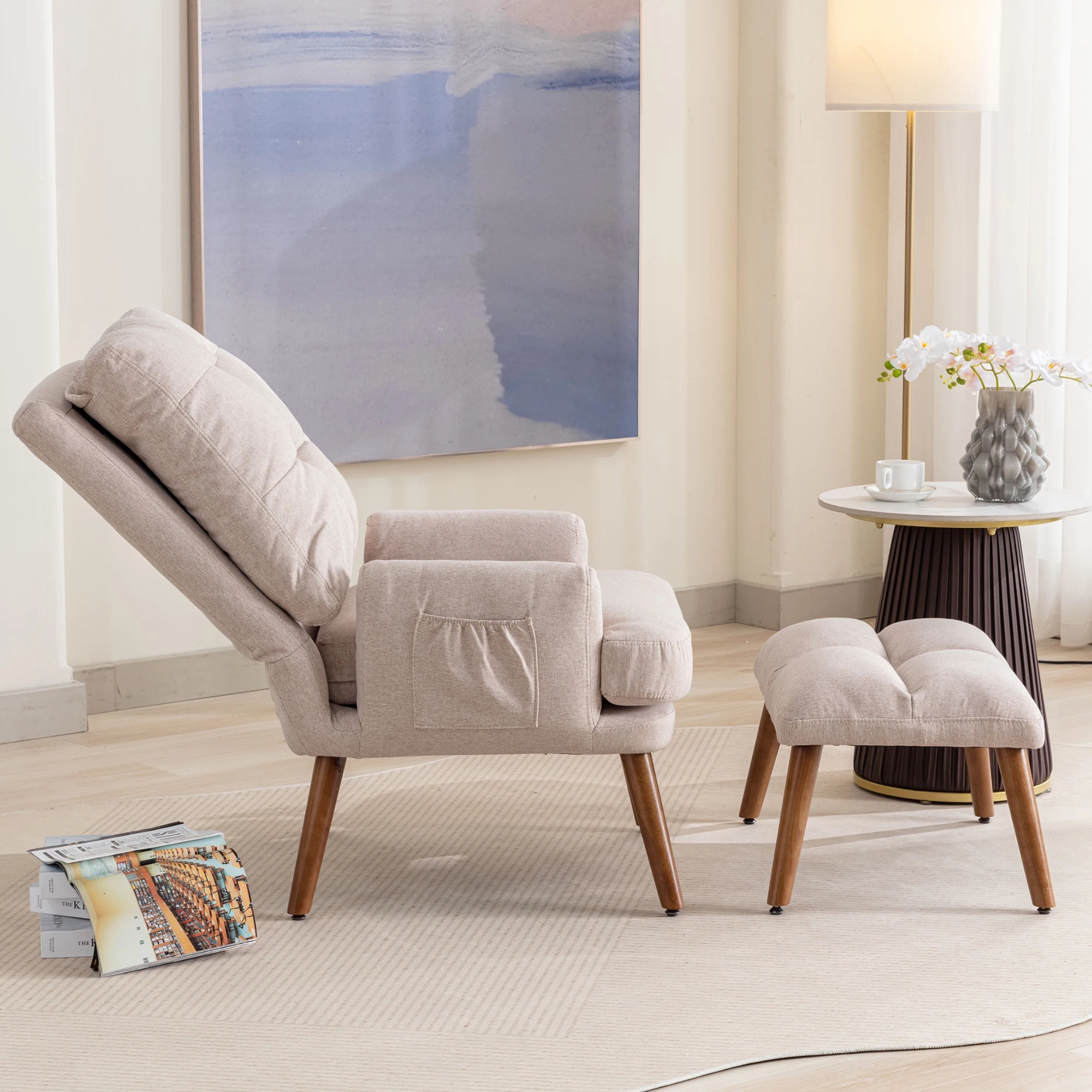 Lounge Chair With Footrest, Backrest 5-stage Adjustable, Tiltable, Chair With Side Shelf Lazy Sofa