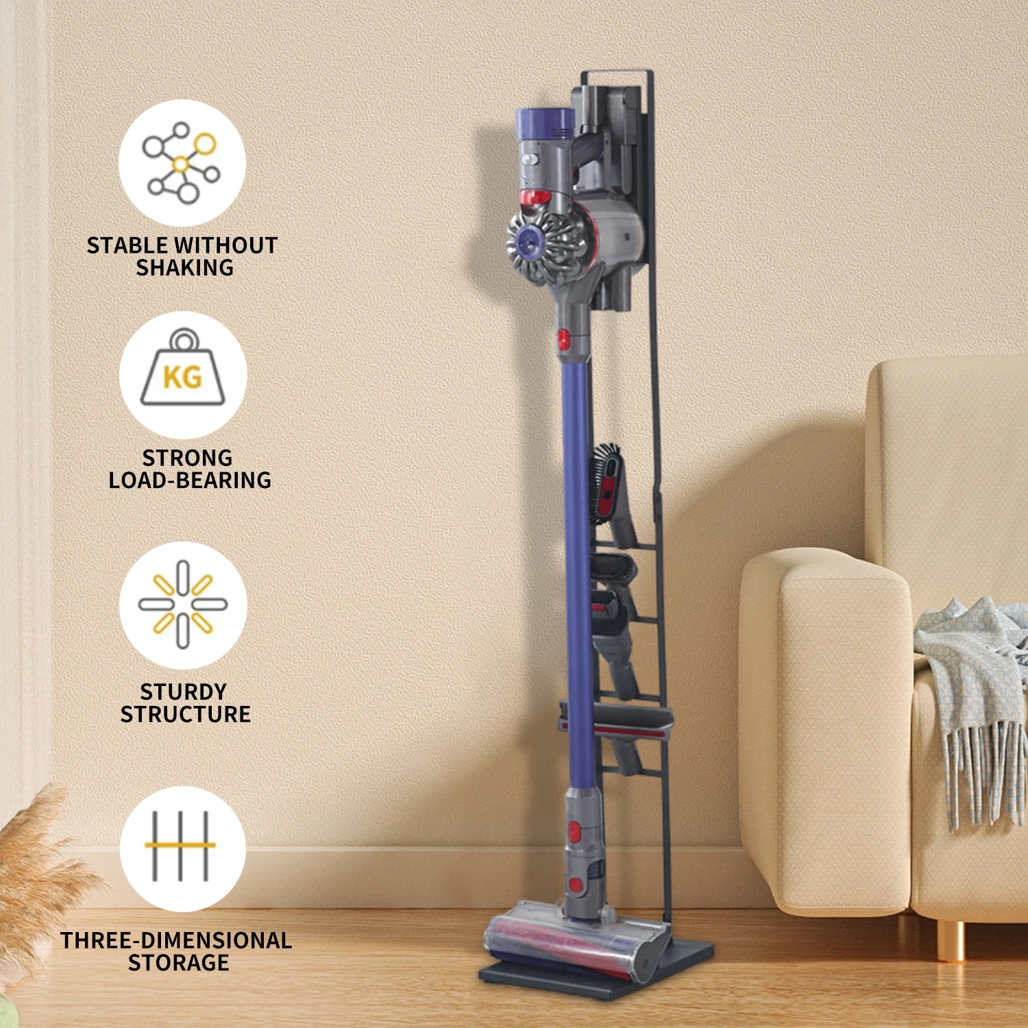Freestanding Vacuum Cleaner Holder Rack for Dyson V15 V12 V11 V10 V8 V7 V6 Organizer DC58/DC59/DC62 etc No Drilling Metal Stand