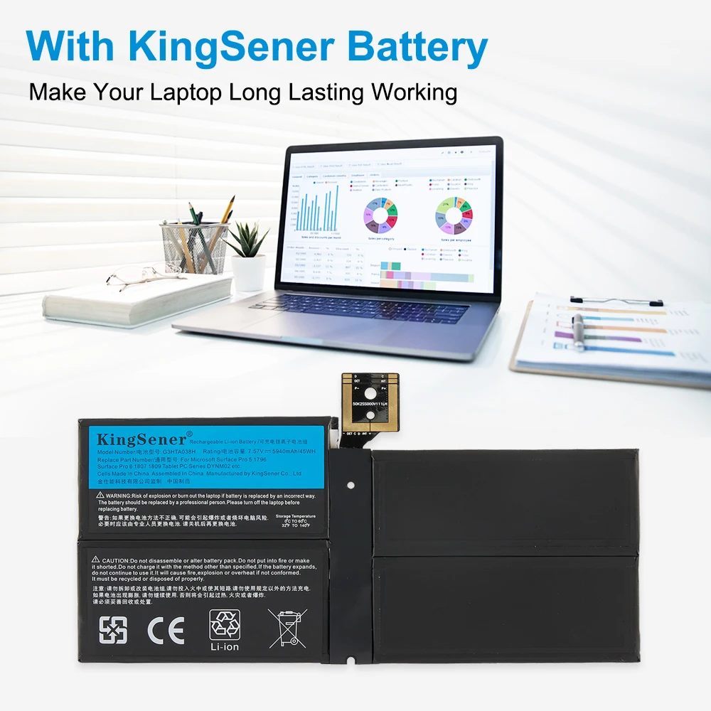 KingSener DYNM02 G3HTA038H Laptop Battery For Microsoft Surface Pro 5 1796,Pro 6 1807 1809 12.3'' Series Tablet 7.57V 5940mAh