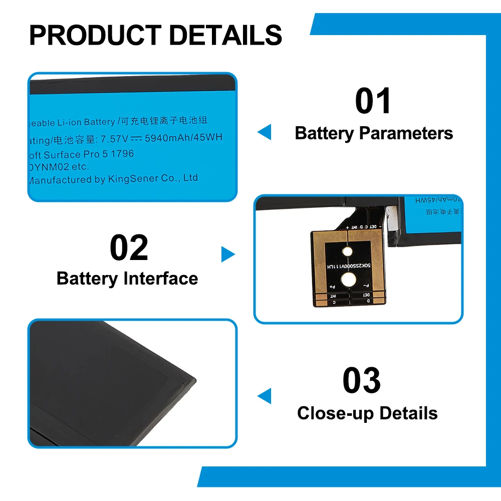 KingSener DYNM02 G3HTA038H Laptop Battery For Microsoft Surface Pro 5 1796,Pro 6 1807 1809 12.3'' Series Tablet 7.57V 5940mAh
