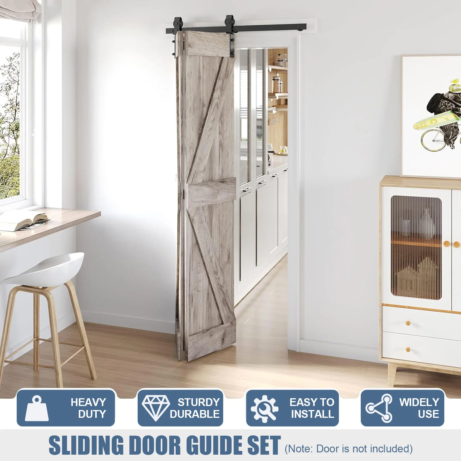 46" Folding Sliding Barn Door Hardware Kit for 42" 2 Doors Smoothly Quietly Black Track Shape Roller
