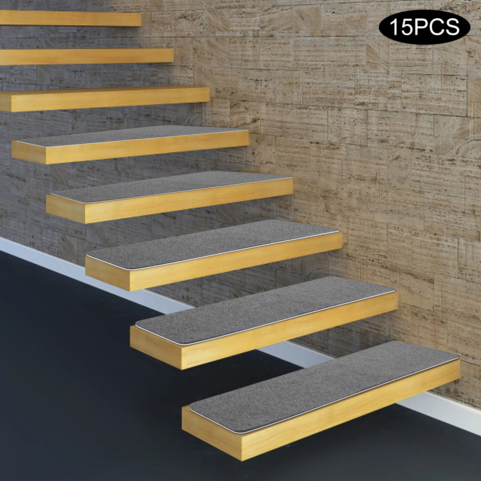 15PCS Self Adhesive Stair Carpets Non-Slip Noise Reduction Soft Mats for Home Office Hotel Stairs 20x76cm