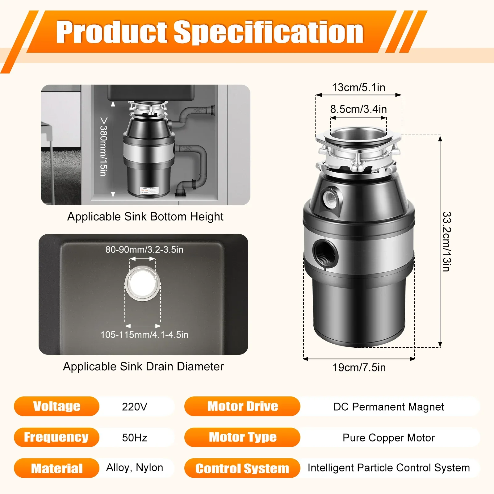 Kitchen Garbage Disposal 560W Stainless Steel Waste Disposer Food Crusher for Residue Processor Home Kitchen