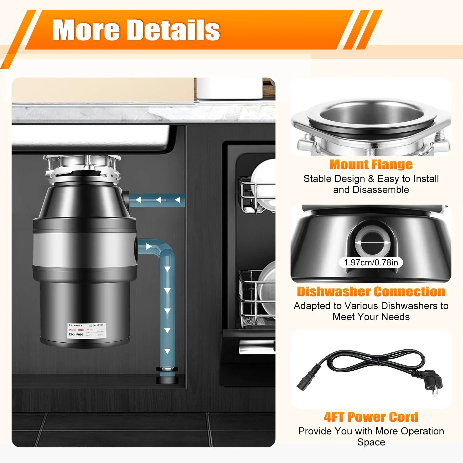 Kitchen Garbage Disposal 560W Stainless Steel Waste Disposer Food Crusher for Residue Processor Home Kitchen