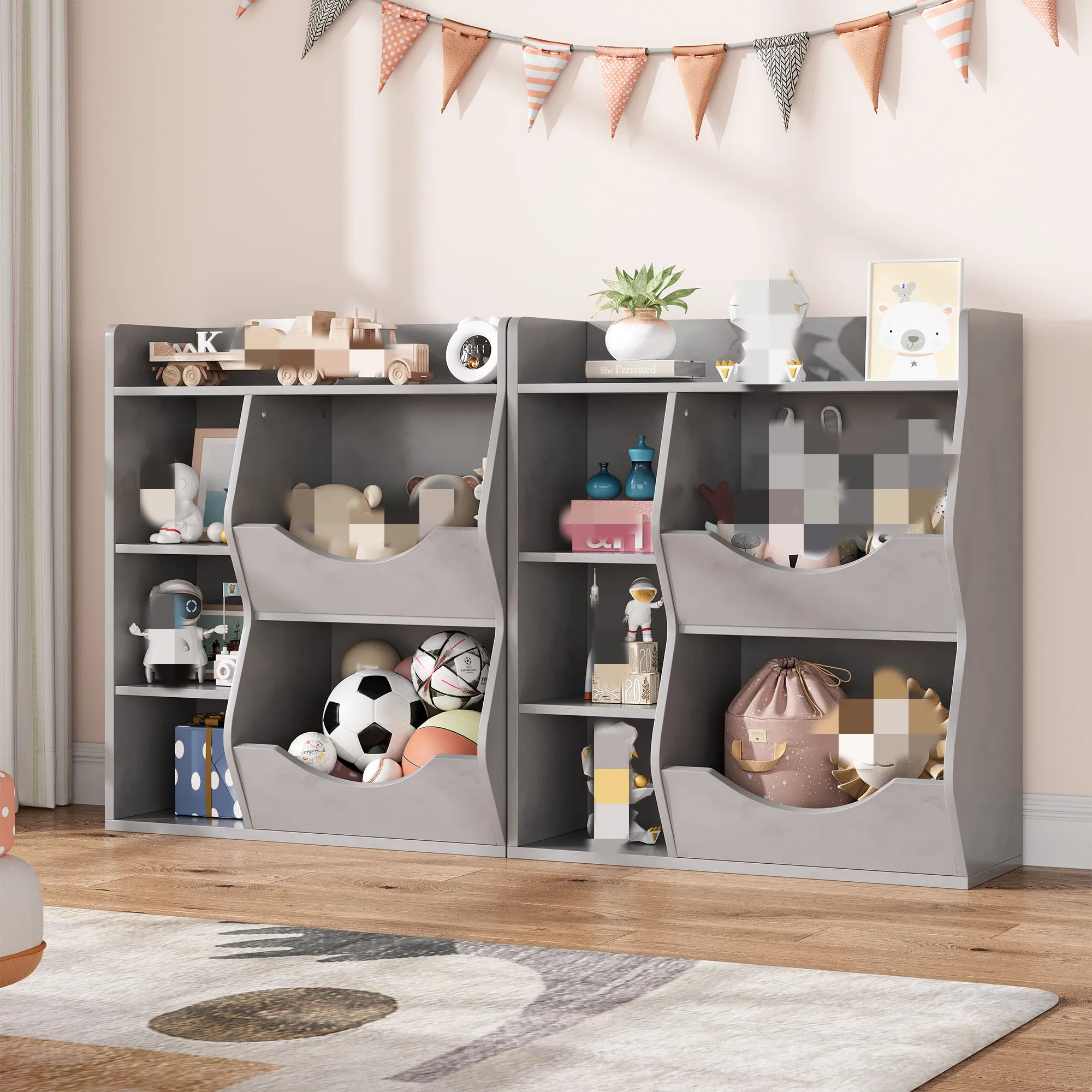 3-Tier Kids Bookshelf, Bookcase Footboard, Toy Storage Cubby White 5-Compartment Children's Toy Shelf, Toy Storage Cabinet