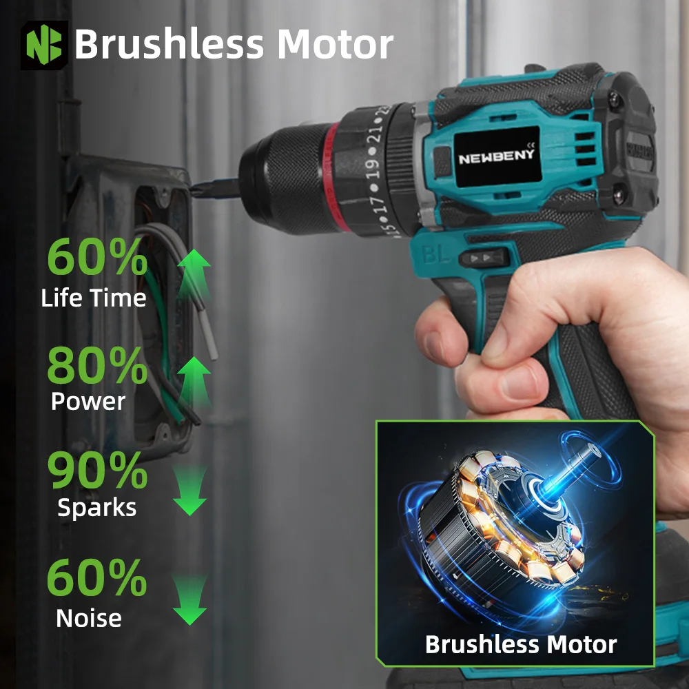 NEWBENY 25+3 Torque Brushless Electric Drill Cordless Multifunction Screwdriver Househeld DIY Power Tools For Makita Battery Pin