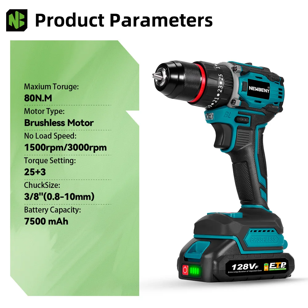 NEWBENY 25+3 Torque Brushless Electric Drill Cordless Multifunction Screwdriver Househeld DIY Power Tools For Makita Battery Pin