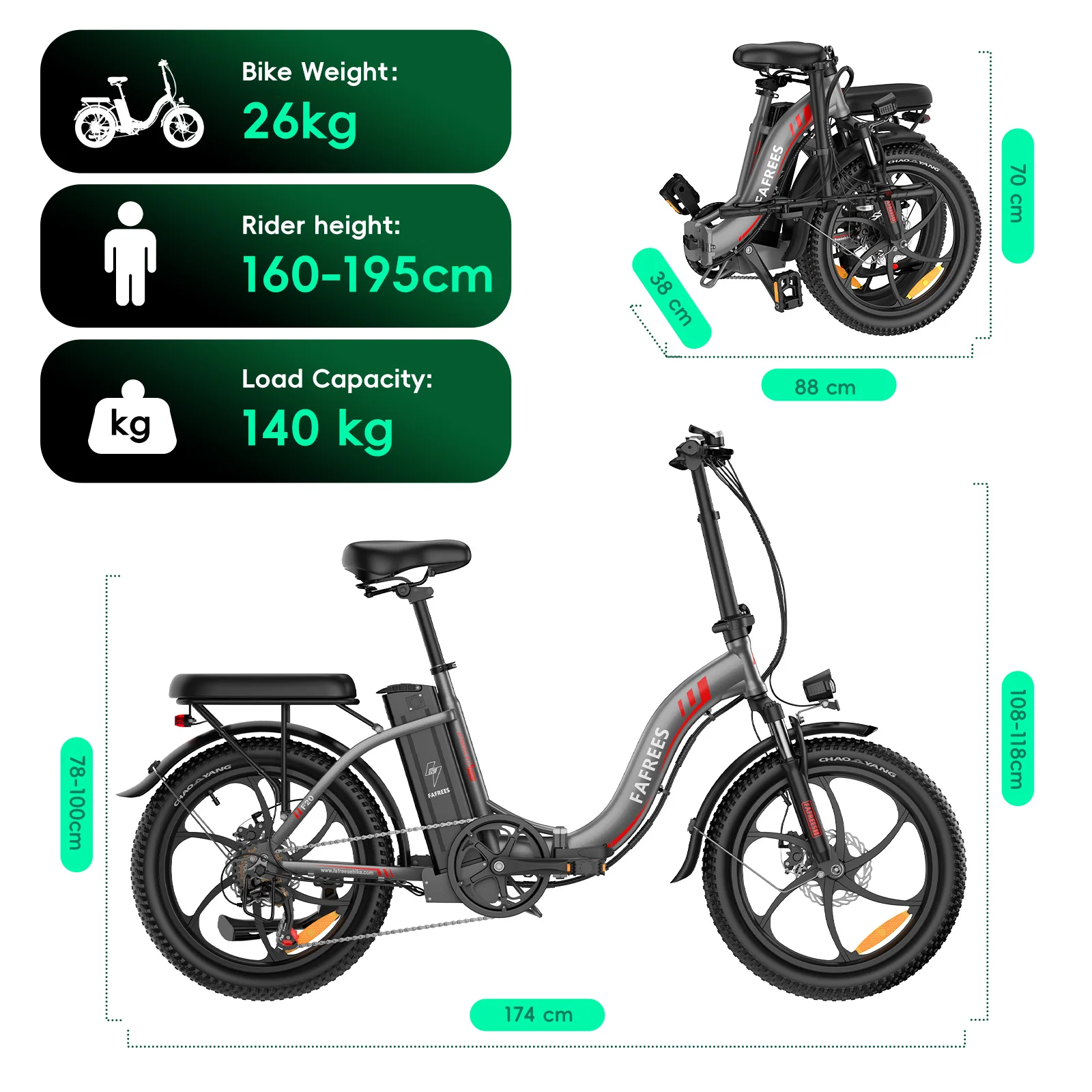 Fafrees Folding Electric Bicycle Adults 20 Inch Fat Tire City E-bike with 36V 18Ah Removable Battery 90km Range
