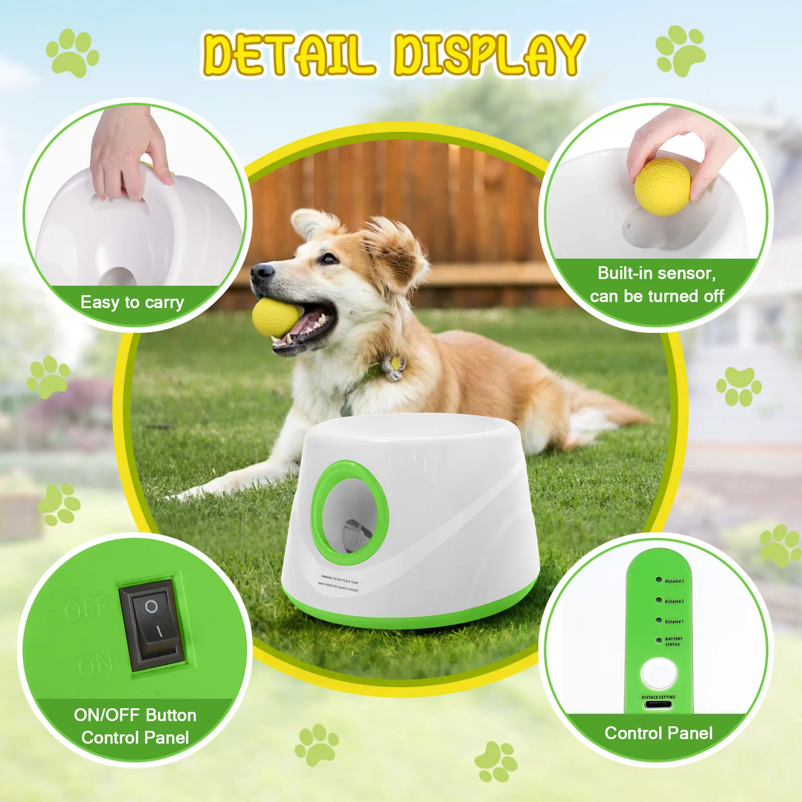 Automatic Ball Launcher for Dogs with 5 ETPU Tennis Balls and 3 Distance Settings (19/32/45FT)  , Indoor/Outdoor Dog Toy