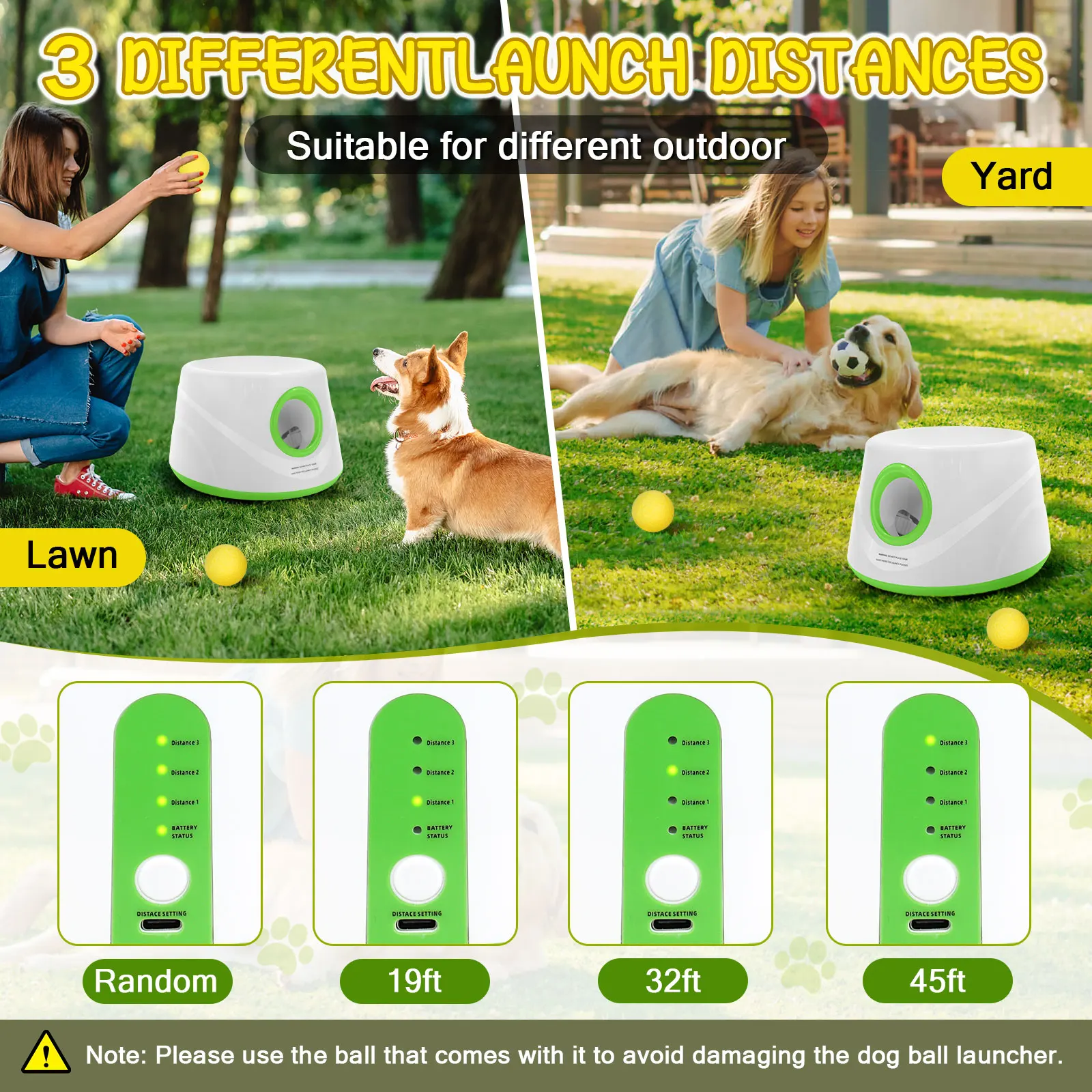 Automatic Ball Launcher for Dogs with 5 ETPU Tennis Balls and 3 Distance Settings (19/32/45FT)  , Indoor/Outdoor Dog Toy