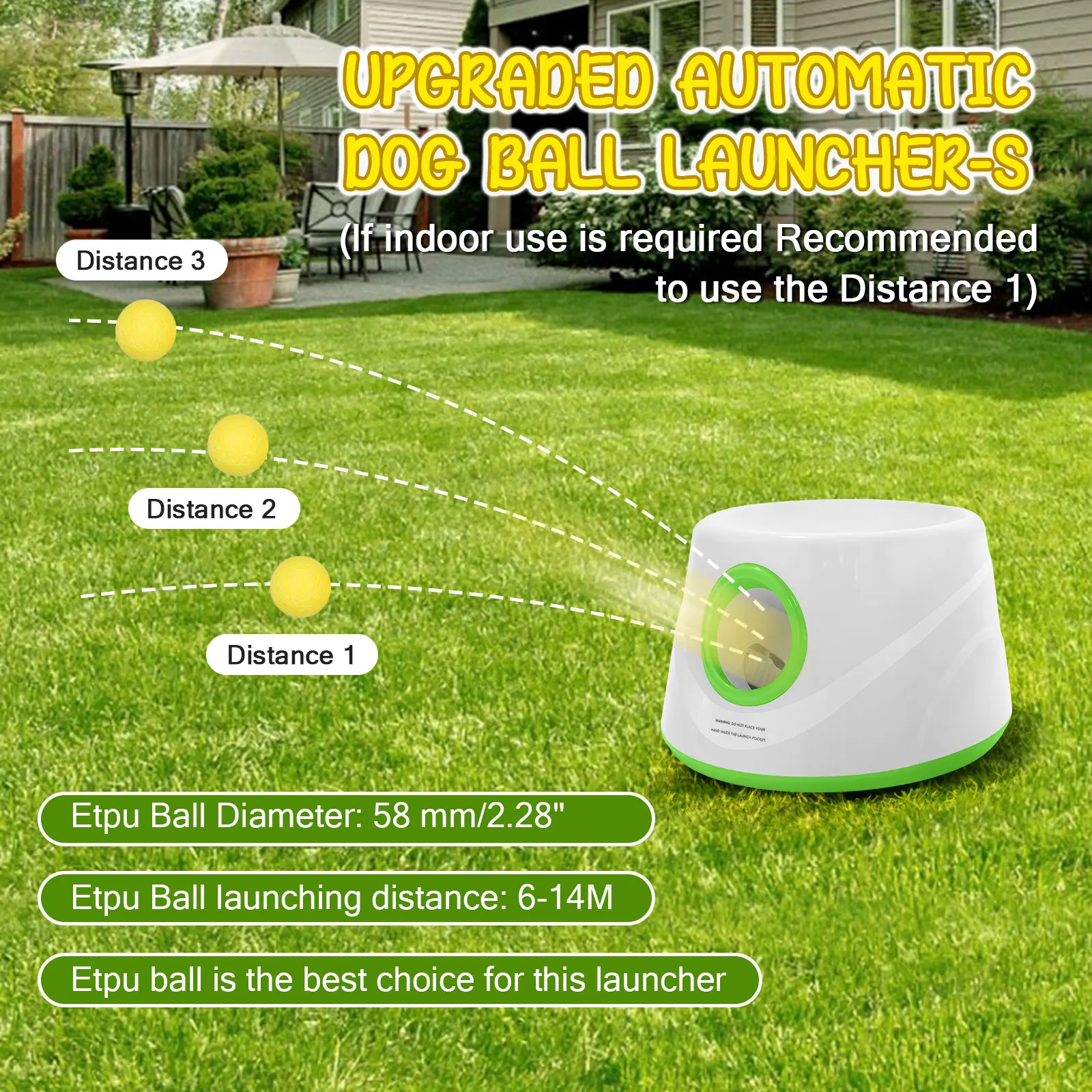Automatic Ball Launcher for Dogs with 5 ETPU Tennis Balls and 3 Distance Settings (19/32/45FT)  , Indoor/Outdoor Dog Toy