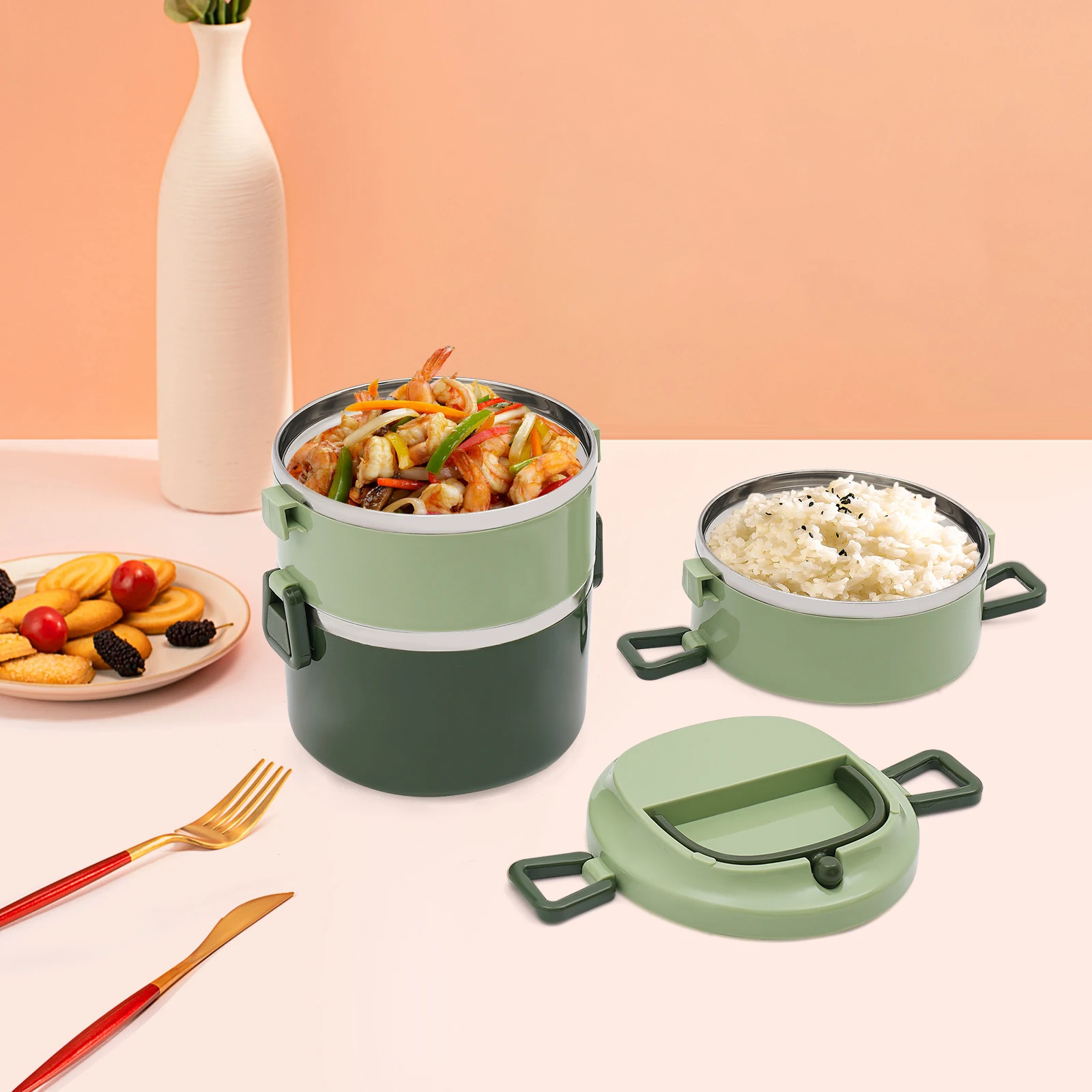 3-layer Freestanding Stackable Stainless Steel Lunch Box Bread Box Insulated Food Container