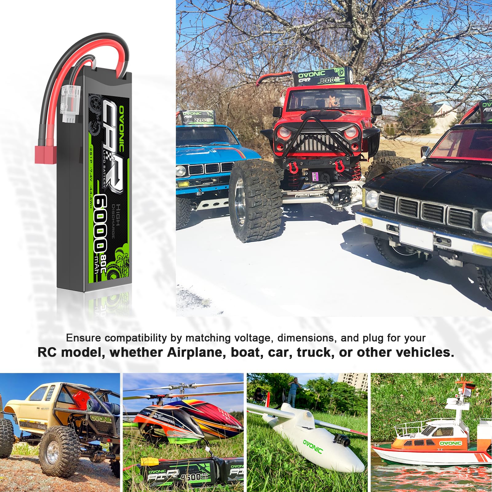 OVONIC 6000mAh 80C 2S 7.4V Lipo Battery Hardcase with Deans Plug & Lipo Voltage Checker for RC Cars Trucks Boats and buggies(2P