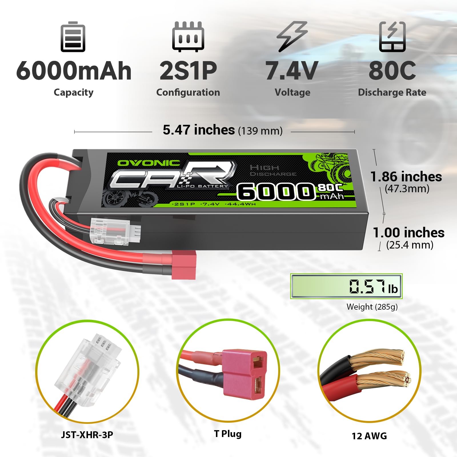OVONIC 6000mAh 80C 2S 7.4V Lipo Battery Hardcase with Deans Plug & Lipo Voltage Checker for RC Cars Trucks Boats and buggies(2P