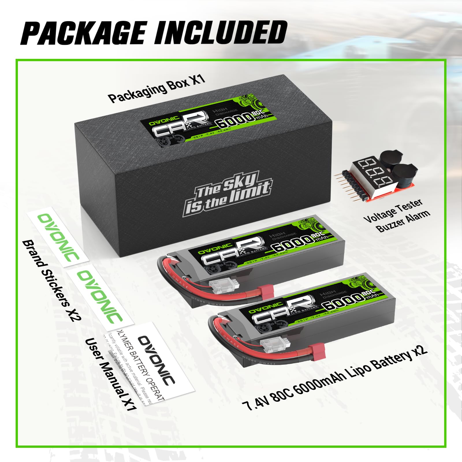 OVONIC 6000mAh 80C 2S 7.4V Lipo Battery Hardcase with Deans Plug & Lipo Voltage Checker for RC Cars Trucks Boats and buggies(2P