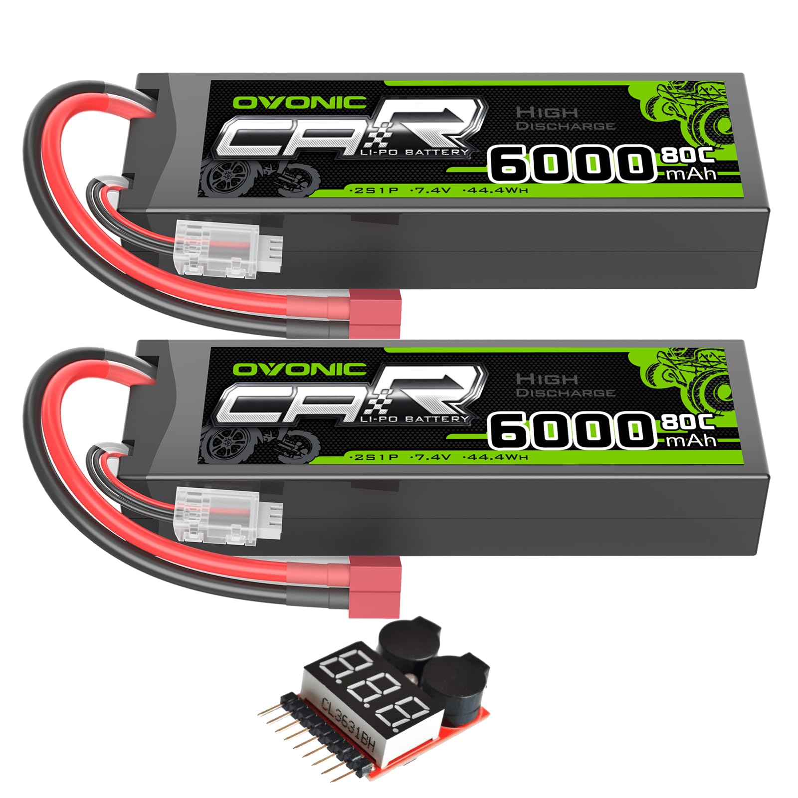 OVONIC 6000mAh 80C 2S 7.4V Lipo Battery Hardcase with Deans Plug & Lipo Voltage Checker for RC Cars Trucks Boats and buggies(2P
