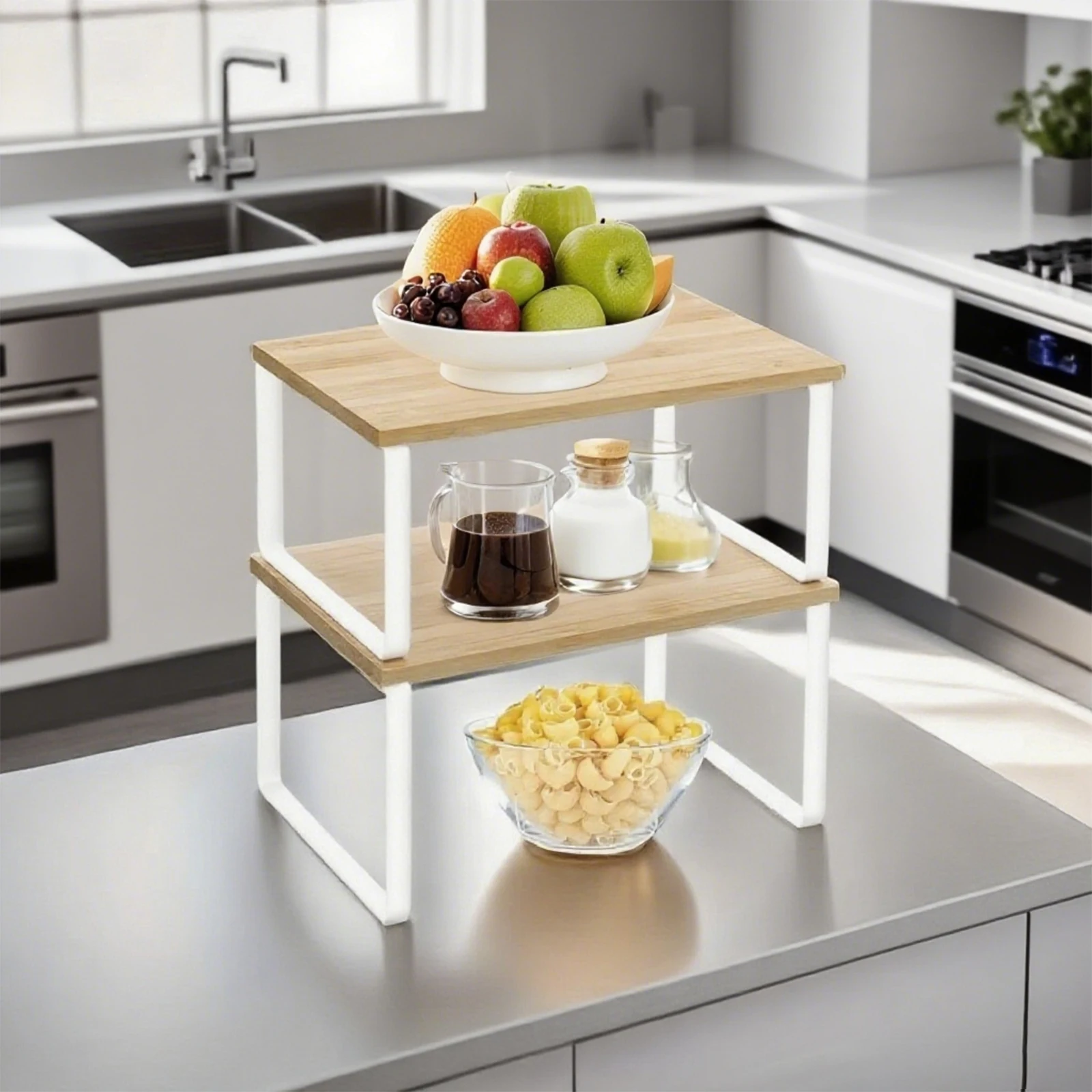 2Pcs Cabinet Organizer Spice Shelf Multipurpose Stackable Counter Rack Large Capacity Condiment Shelf Pantry Cosmetic Cupboard