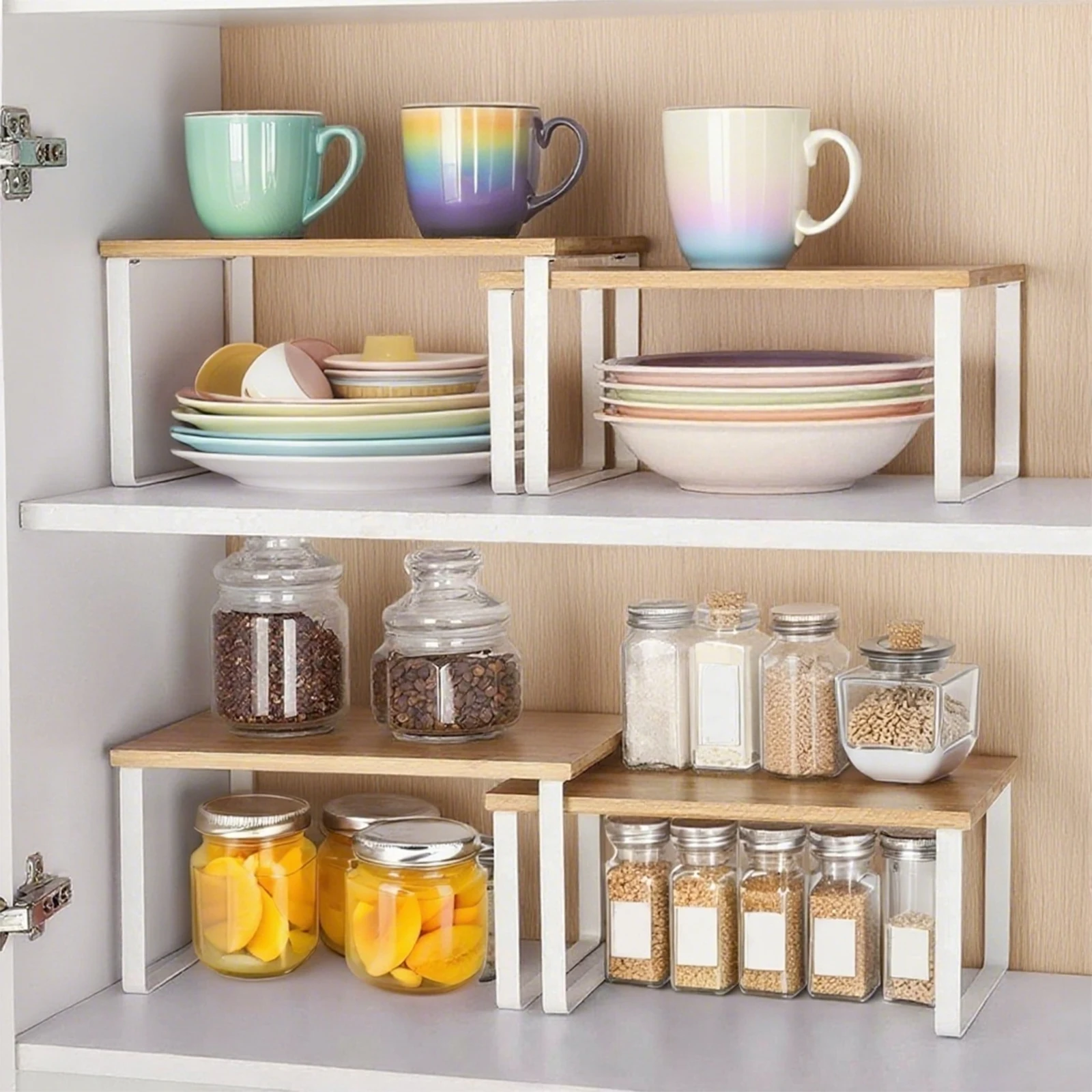 2Pcs Cabinet Organizer Spice Shelf Multipurpose Stackable Counter Rack Large Capacity Condiment Shelf Pantry Cosmetic Cupboard
