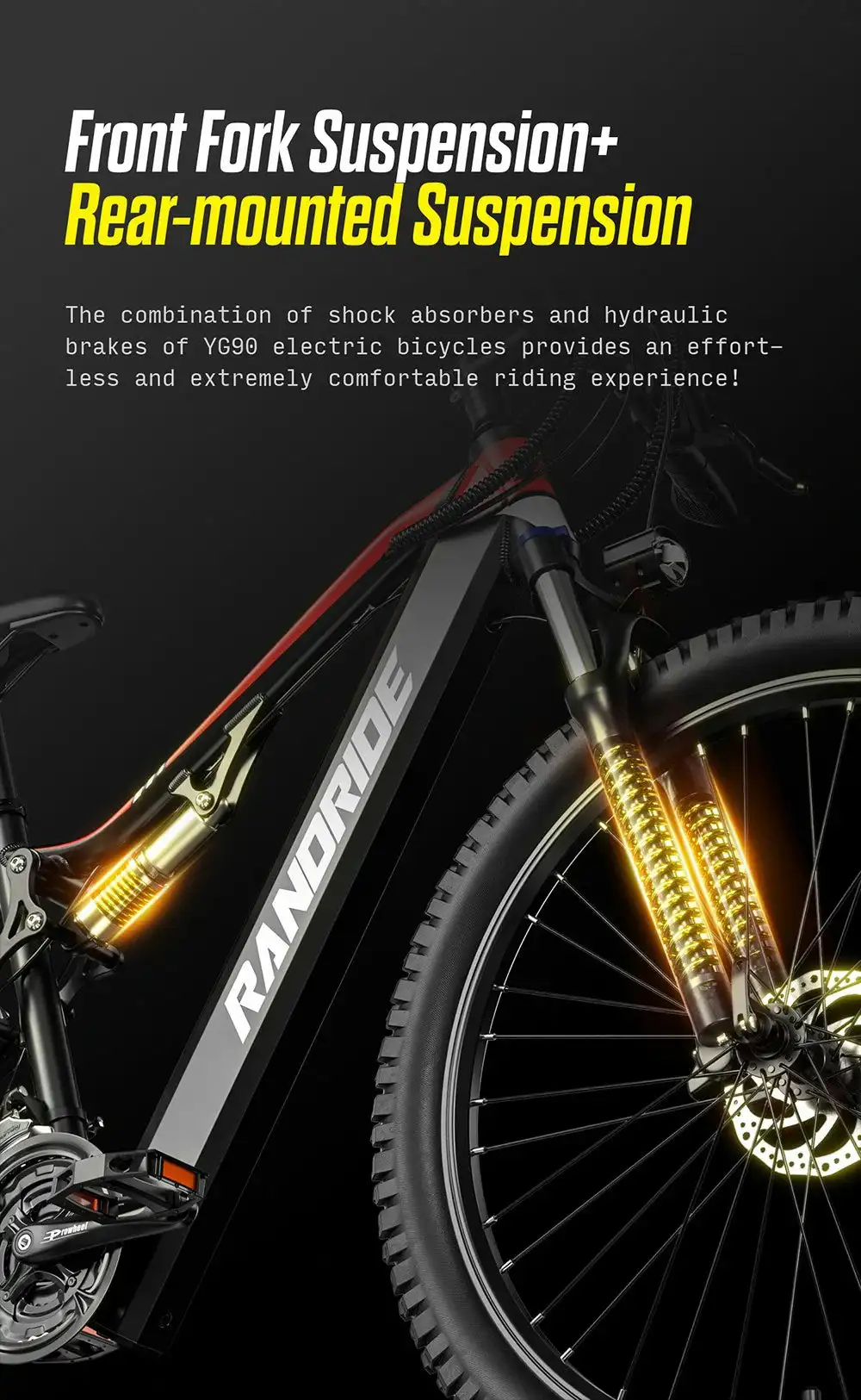 RANDRIDE YG90B Electric Bike 1000W Motor 45km/h Max Speed 48V17Ah Removable Battery 80-90KM Max Range 27.5*2.4'' CST Tires 120km
