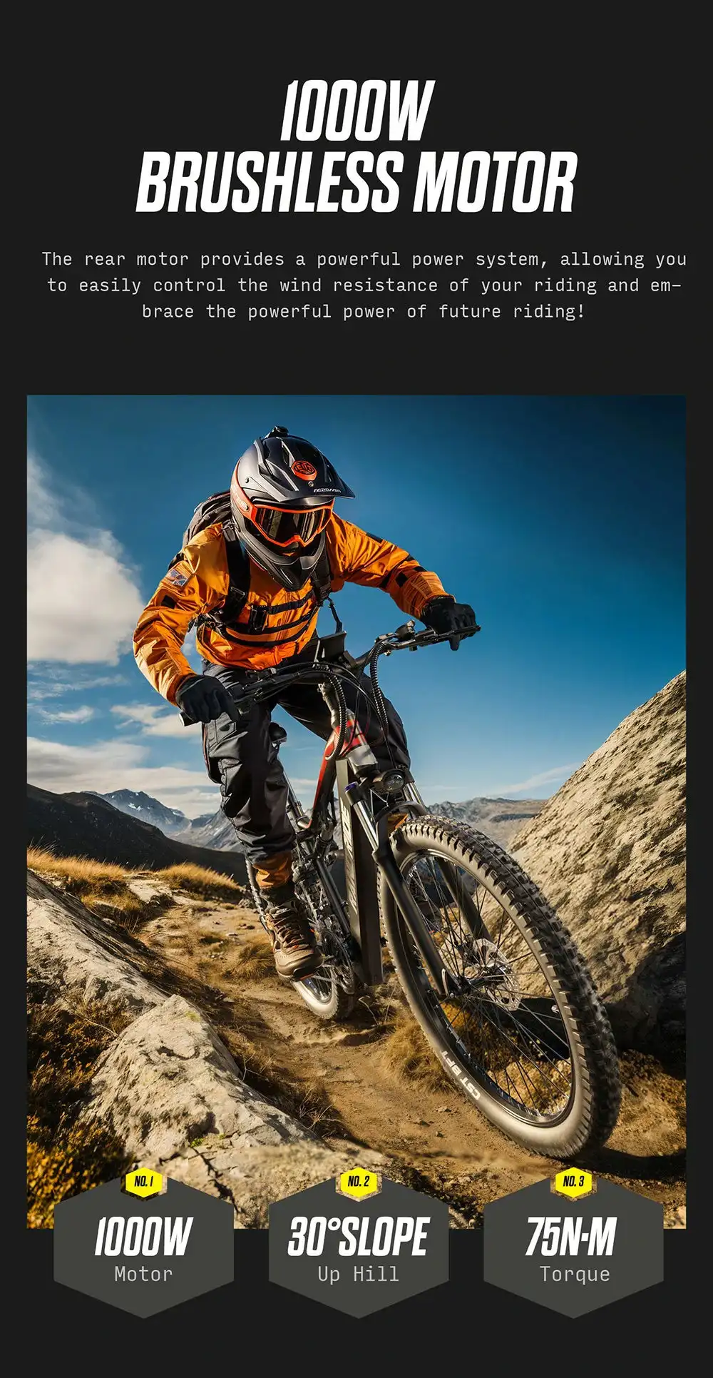 RANDRIDE YG90B Electric Bike 1000W Motor 45km/h Max Speed 48V17Ah Removable Battery 80-90KM Max Range 27.5*2.4'' CST Tires 120km