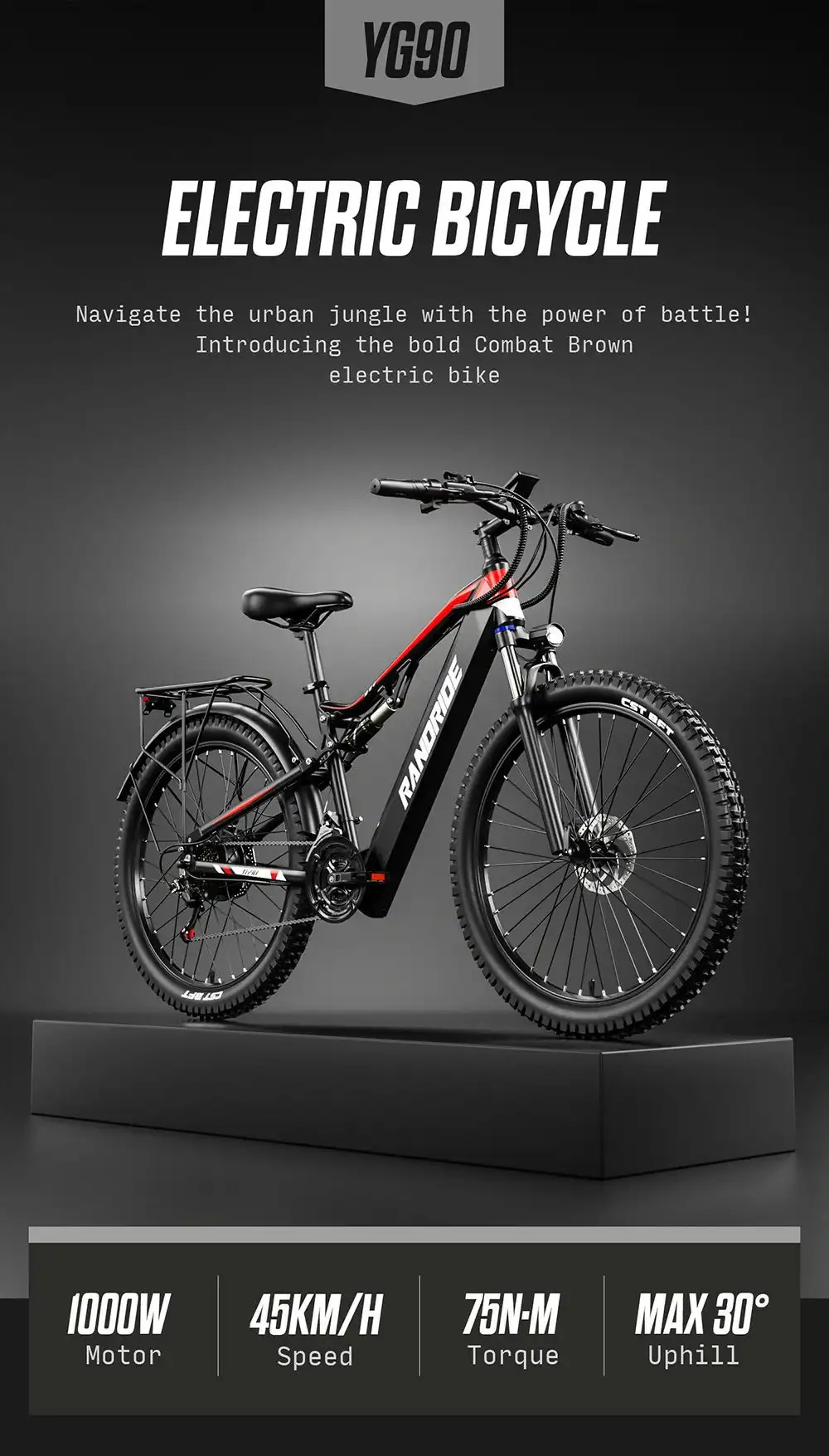 RANDRIDE YG90B Electric Bike 1000W Motor 45km/h Max Speed 48V17Ah Removable Battery 80-90KM Max Range 27.5*2.4'' CST Tires 120km