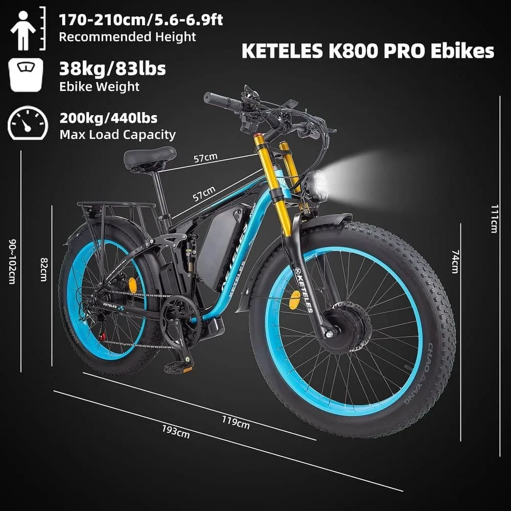 KETELES K800 Pro Dual Motor Electric Bicycle 2000W 48V 23AH Double Shoulder Front Fork Hydraulic Brake With Brake Light
