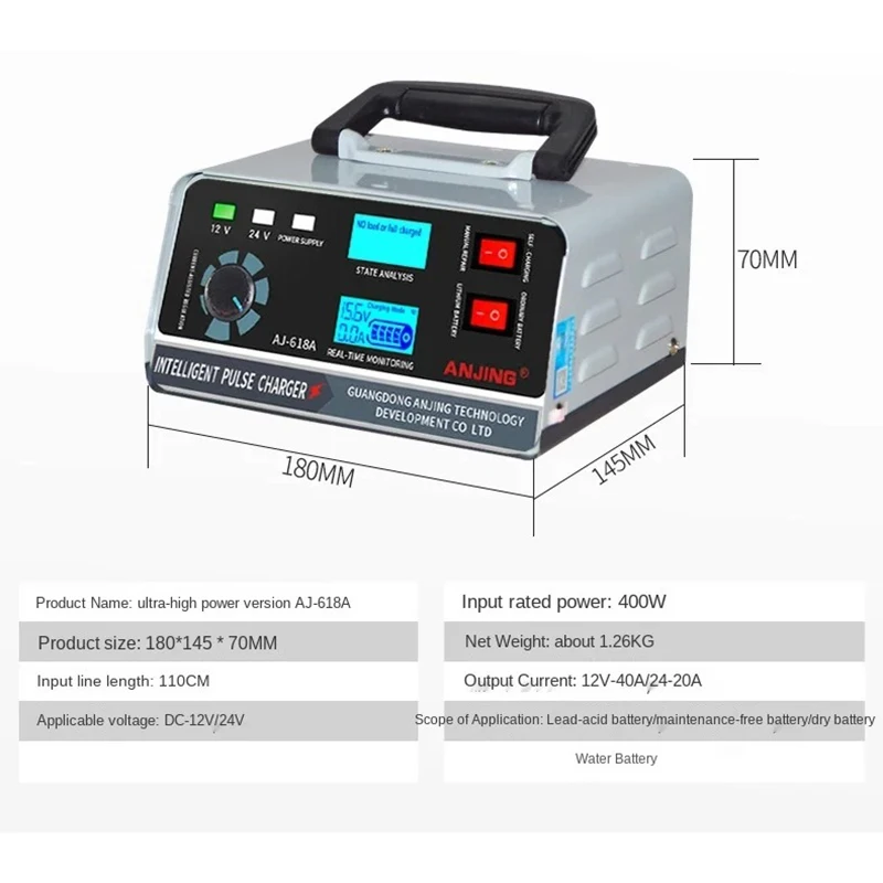 400W 40A Car Smart Battery Charger 12V/24V Automotive Battery Charger Trickle Smart Pulse Repair For Car Truck Boat Motorcycle
