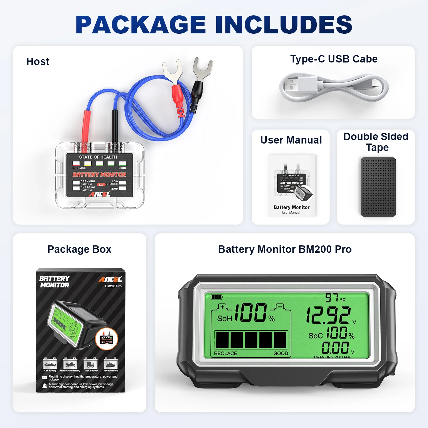 ANCEL BM200 PRO 12V Car Battery Capacity Tester Monitor LED Display SOH SOC Battery Health Waterproof Analyzer Auto Tester Tool