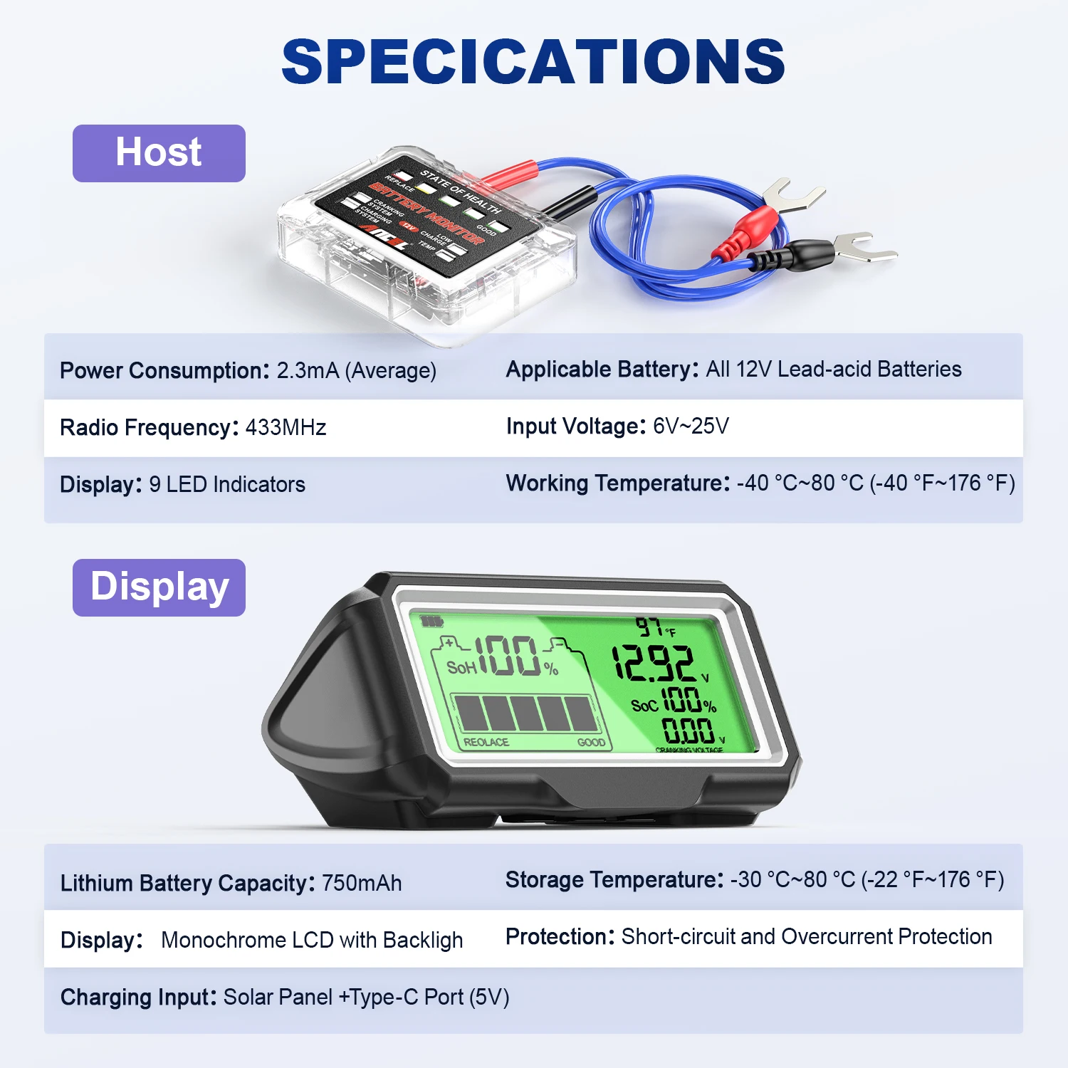 ANCEL BM200 PRO 12V Car Battery Capacity Tester Monitor LED Display SOH SOC Battery Health Waterproof Analyzer Auto Tester Tool