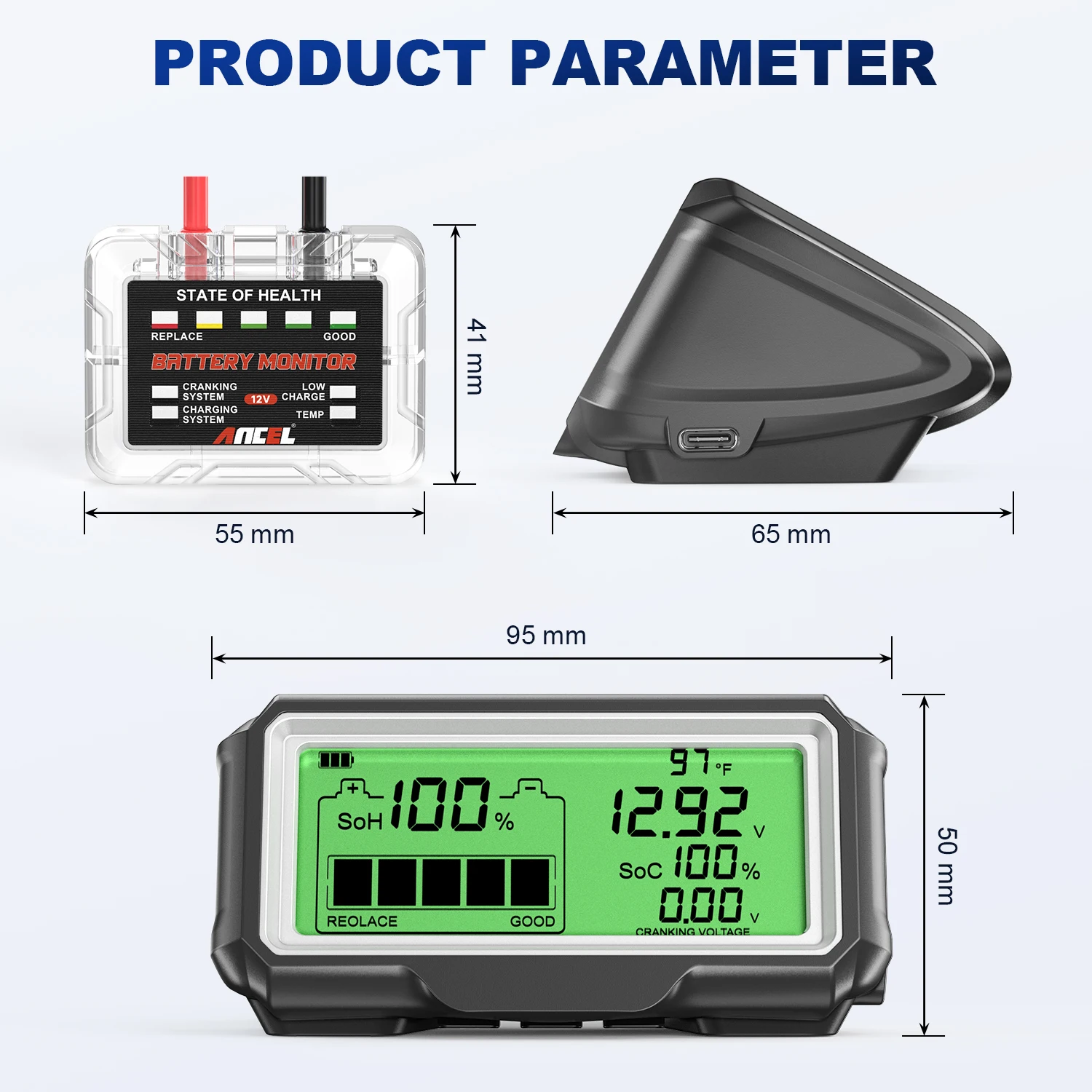 ANCEL BM200 PRO 12V Car Battery Capacity Tester Monitor LED Display SOH SOC Battery Health Waterproof Analyzer Auto Tester Tool